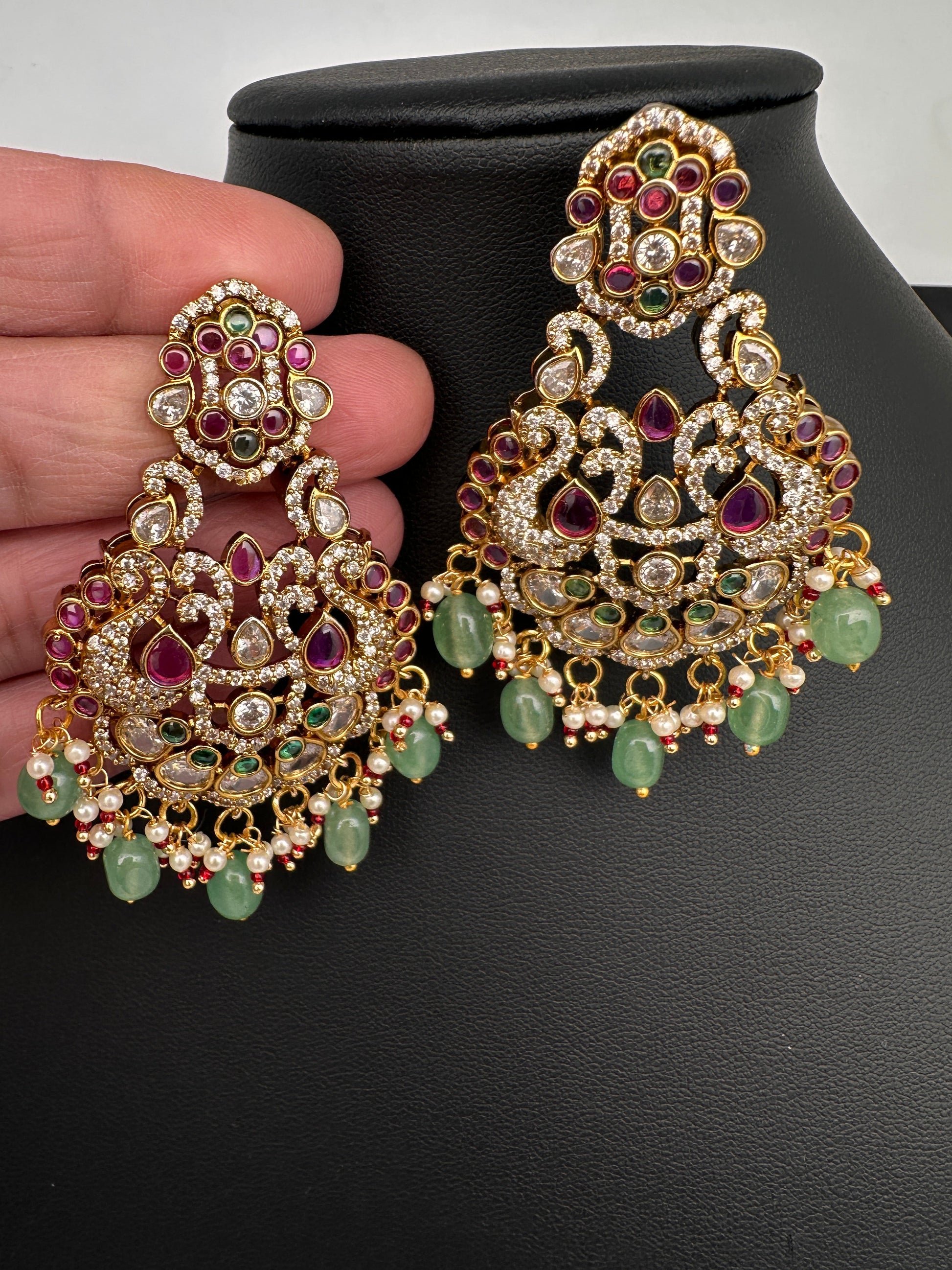 Kemp CZ Matte Chandbali Earrings - Green
