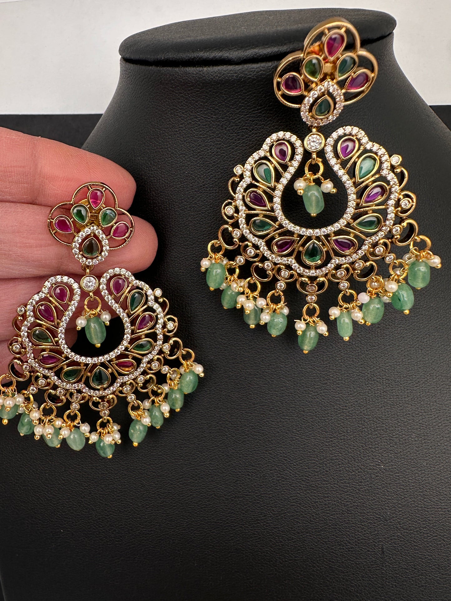 Matte CZ Kemp Chandbali  With Green Beads