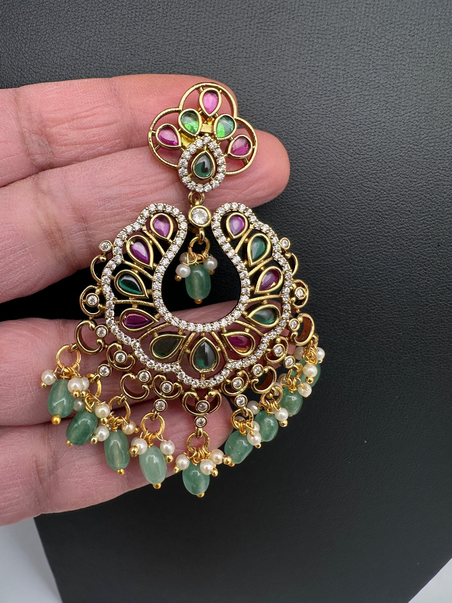Matte CZ Kemp Chandbali  With Green Beads