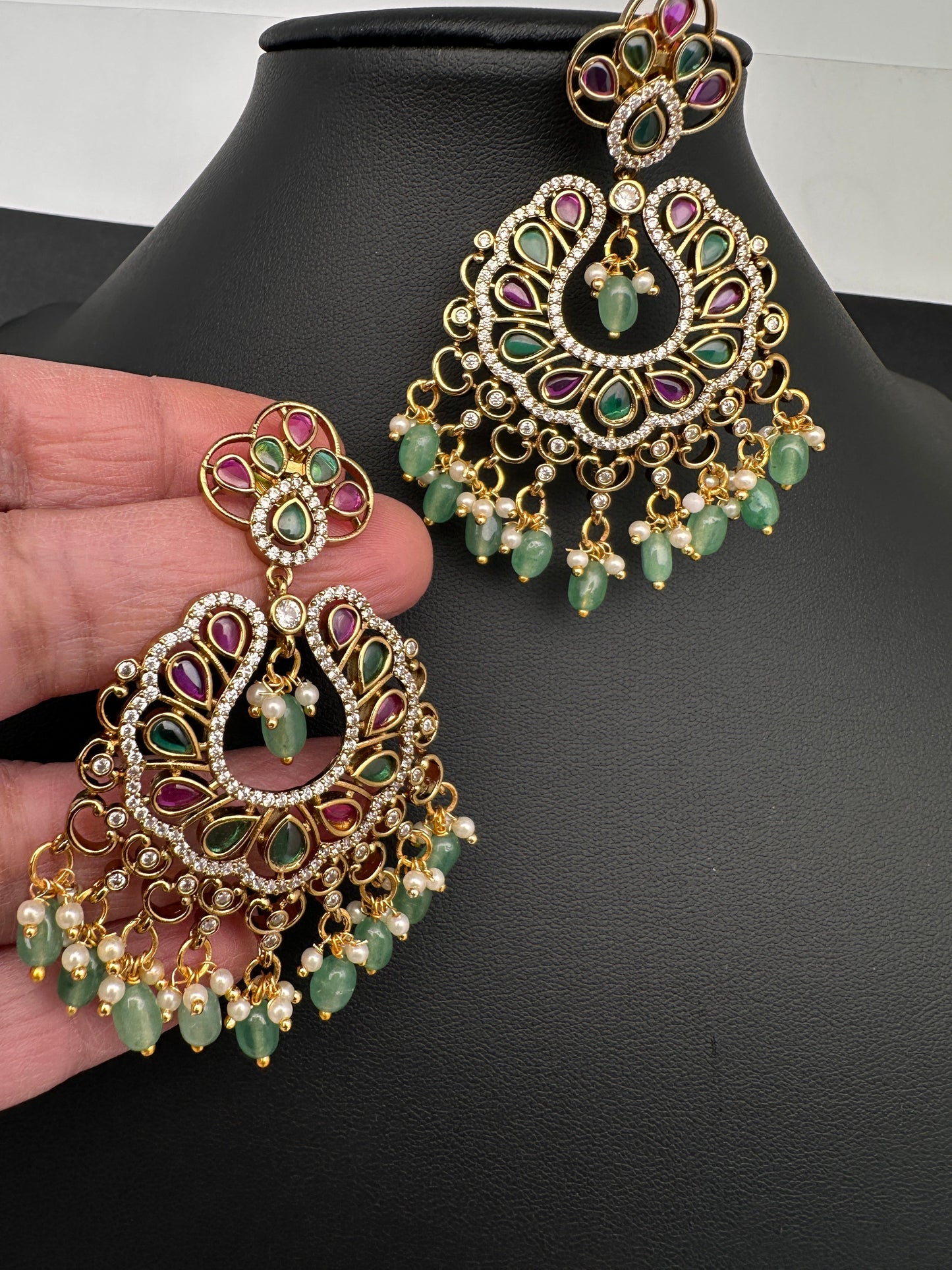 Matte CZ Kemp Chandbali  With Green Beads