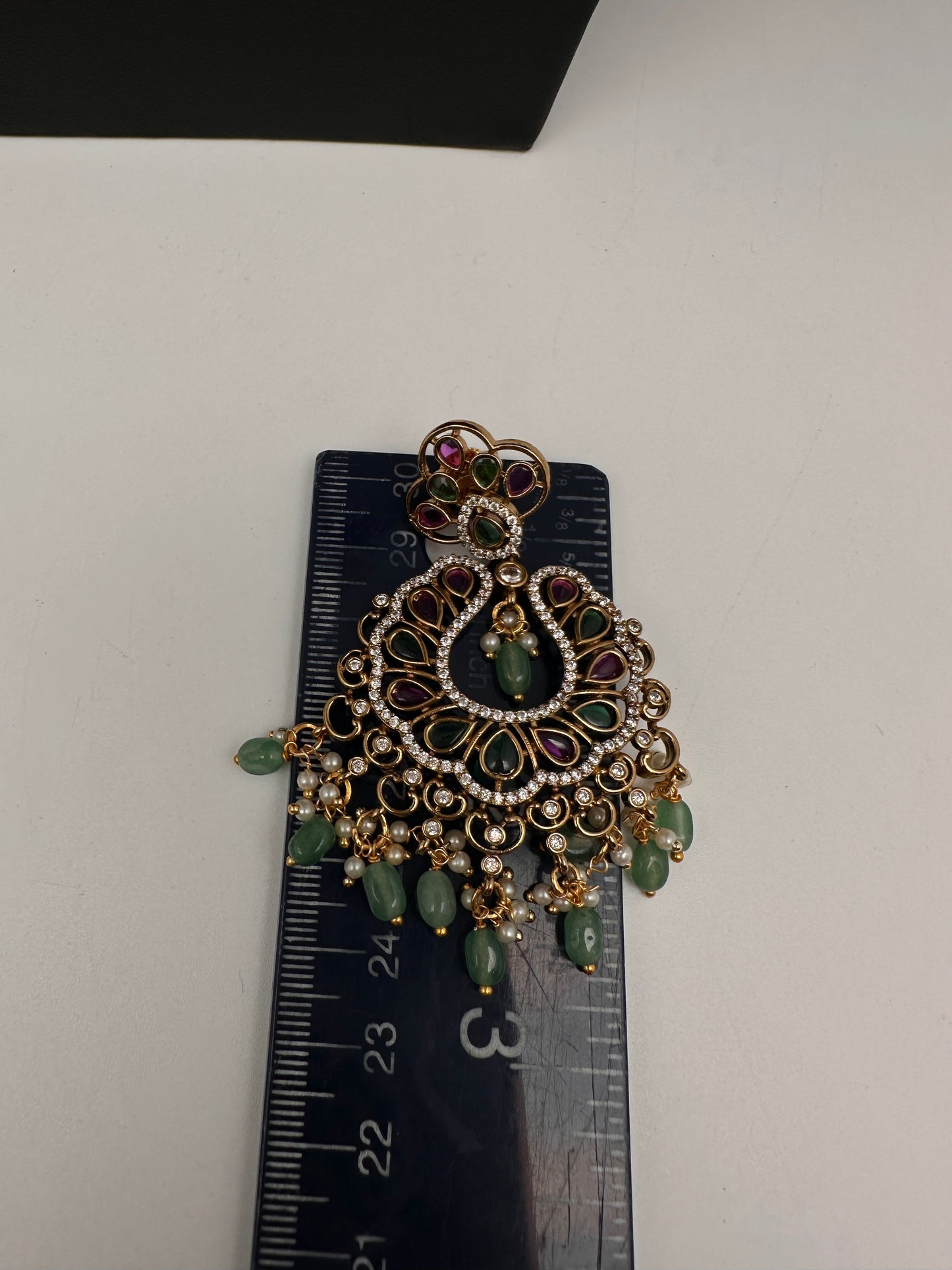 Matte CZ Kemp Chandbali  With Green Beads