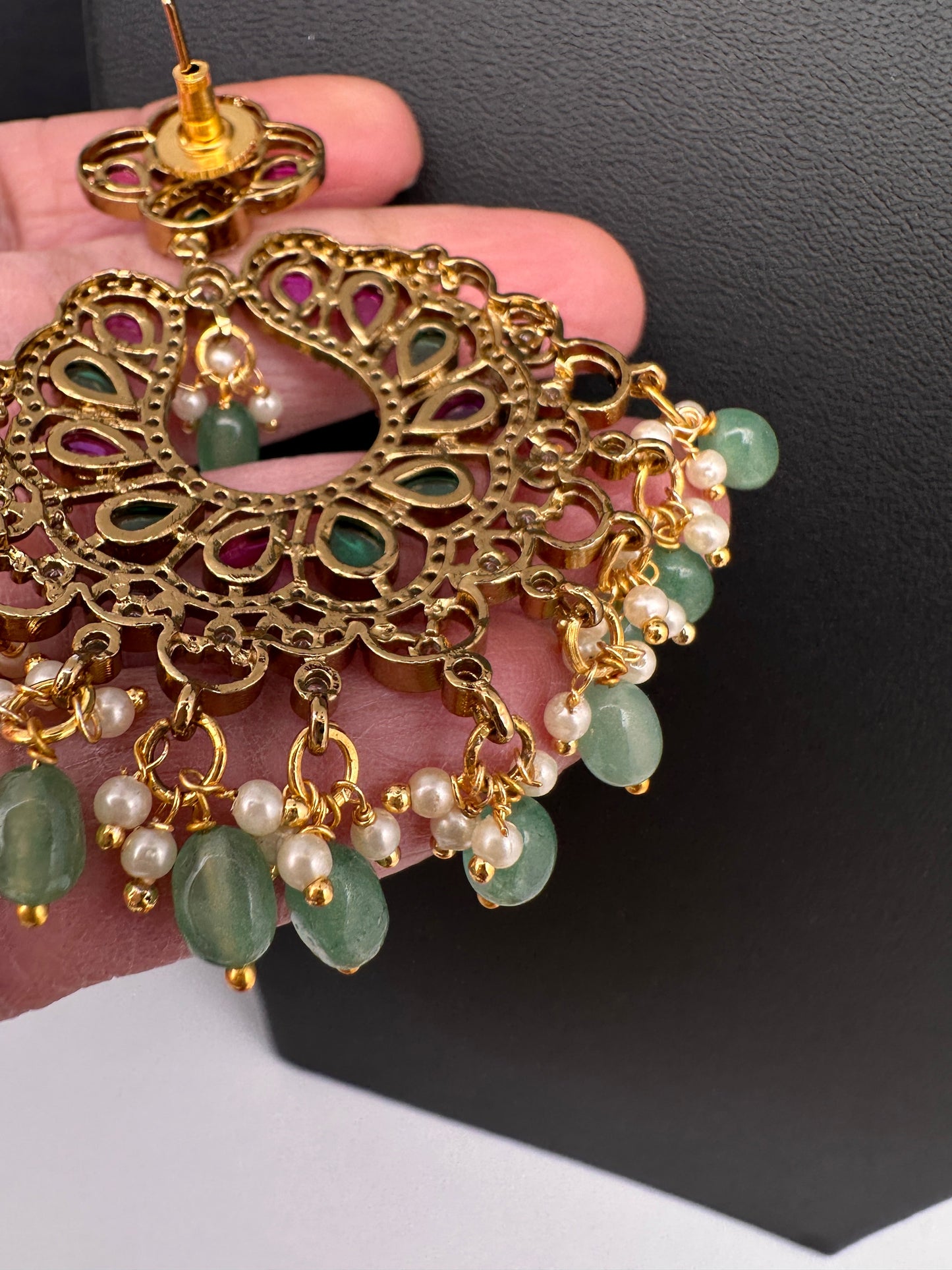 Matte CZ Kemp Chandbali  With Green Beads