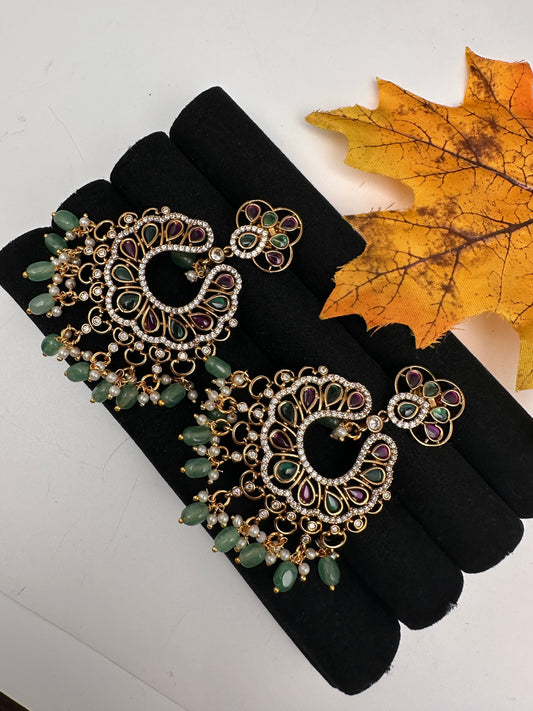 Matte CZ Kemp Chandbali  With Green Beads