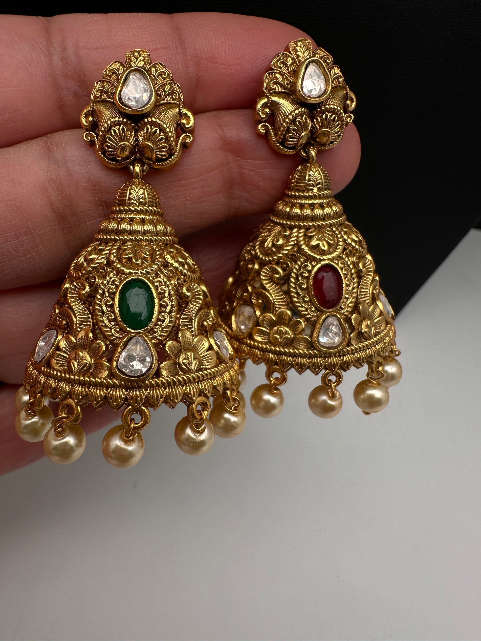 Matte Nakshi Moissanite Jhumka Earrings - Green