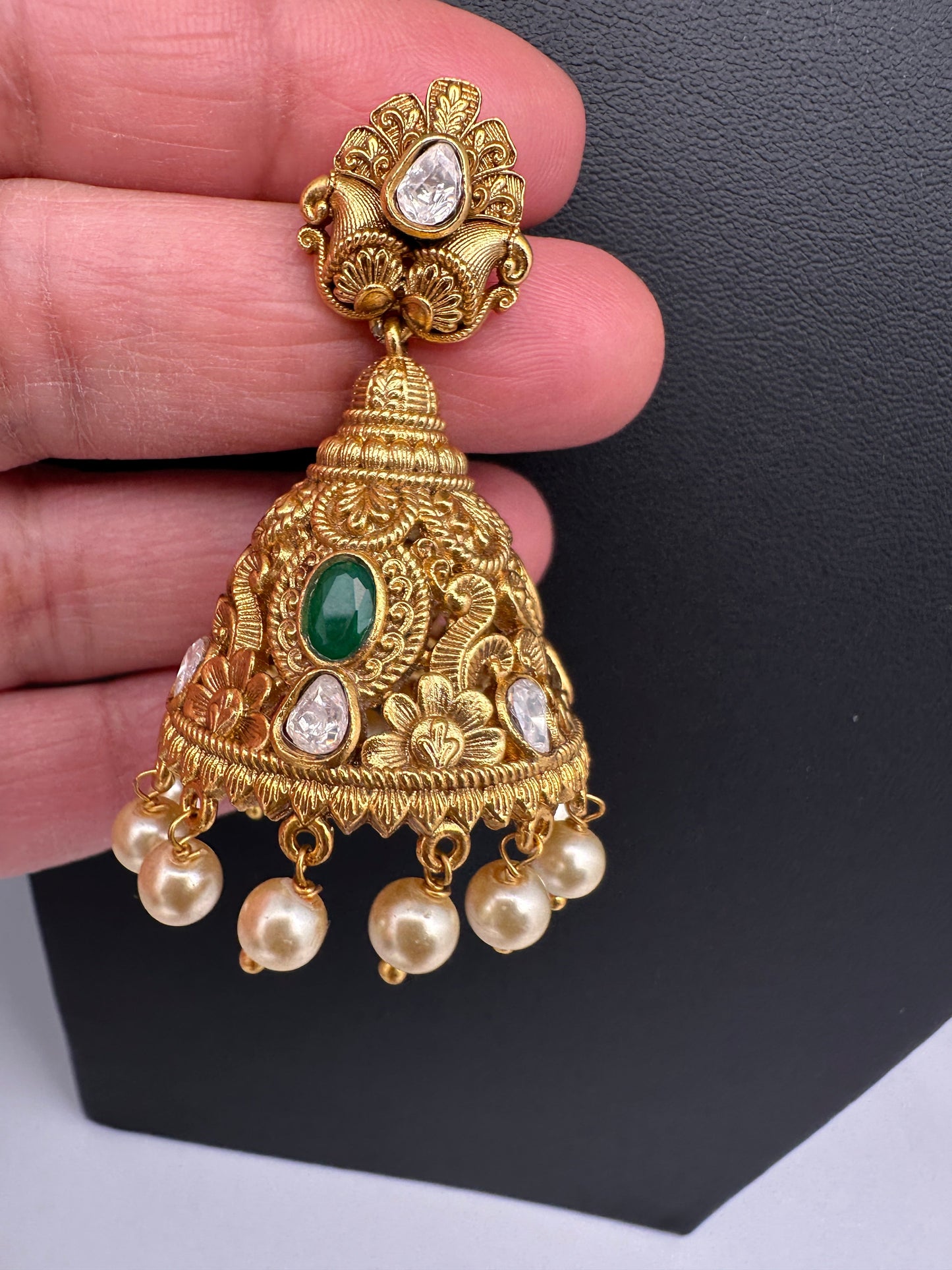 Matte Nakshi Moissanite Jhumka Earrings - Green