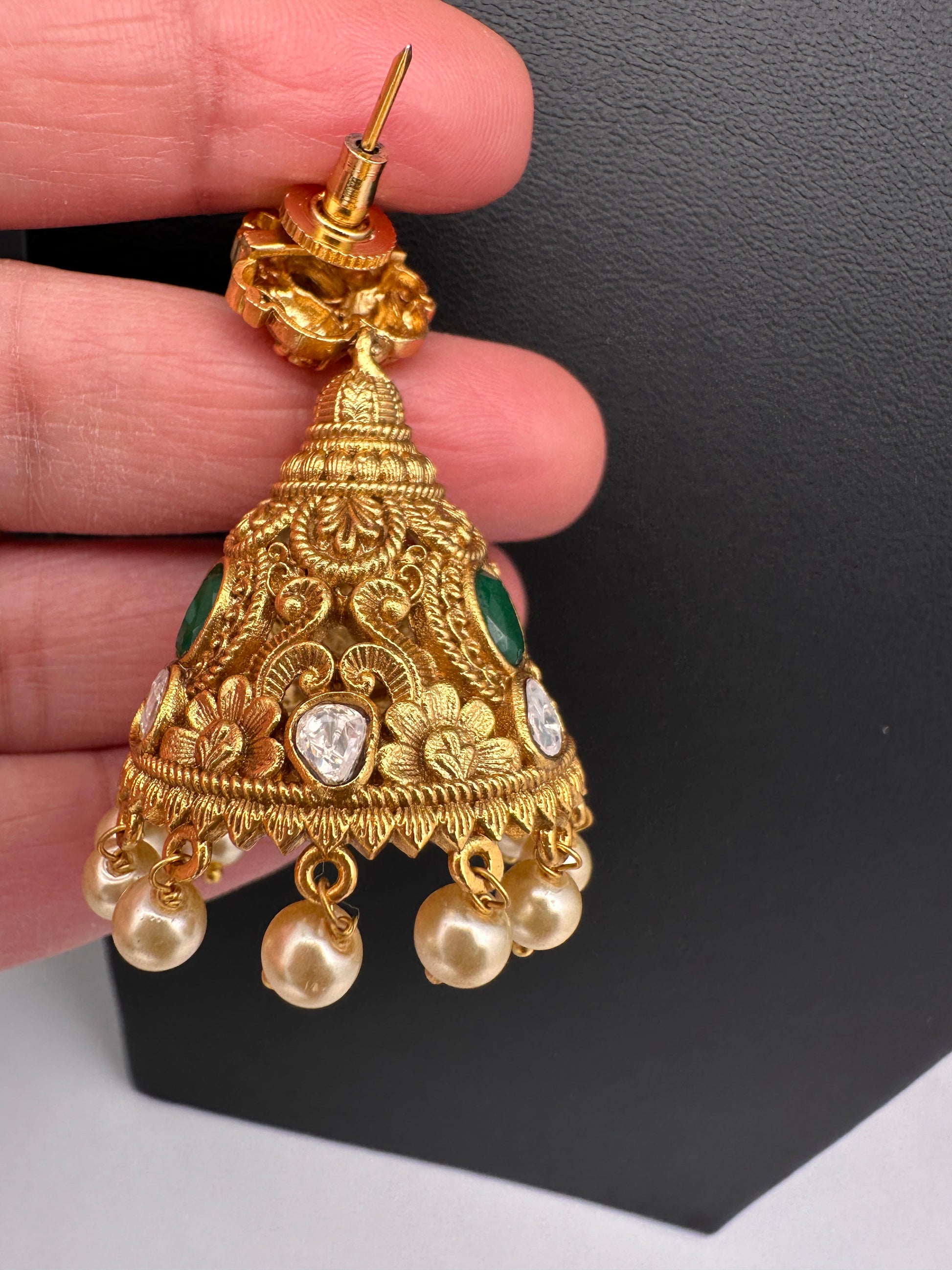 Matte Nakshi Moissanite Jhumka Earrings - Green