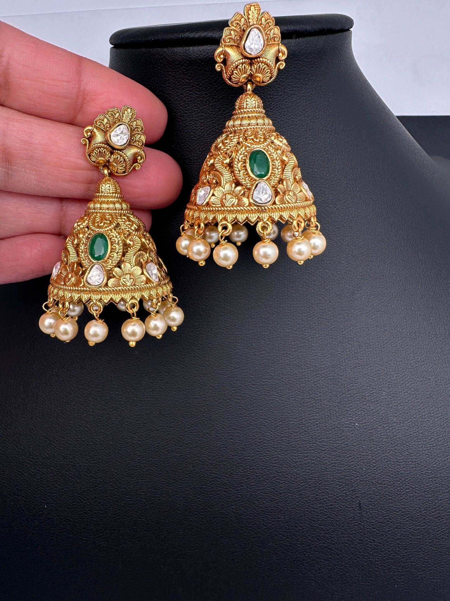 Matte Nakshi Moissanite Jhumka Earrings - Green