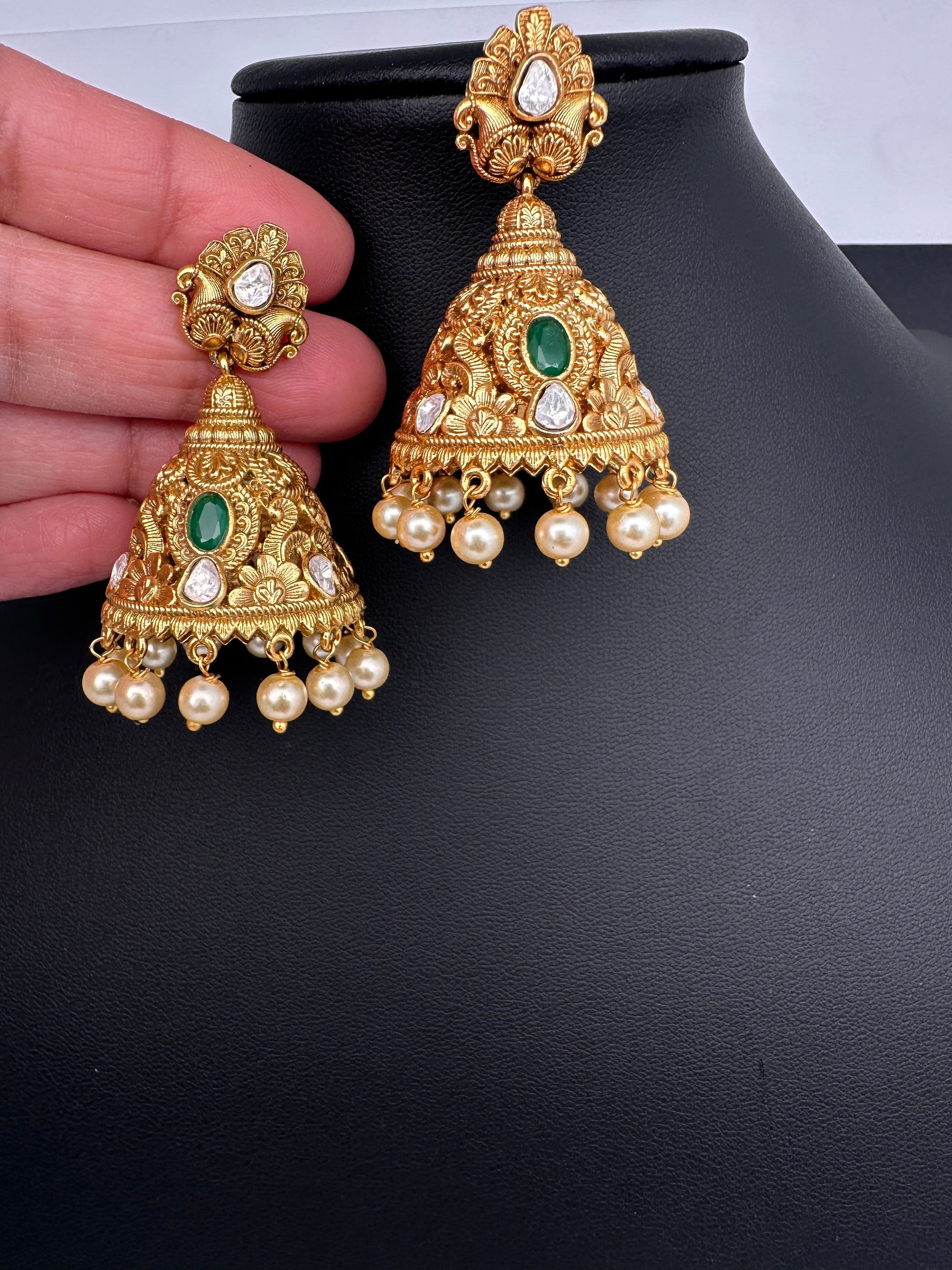 Matte Nakshi Moissanite Jhumka Earrings - Green