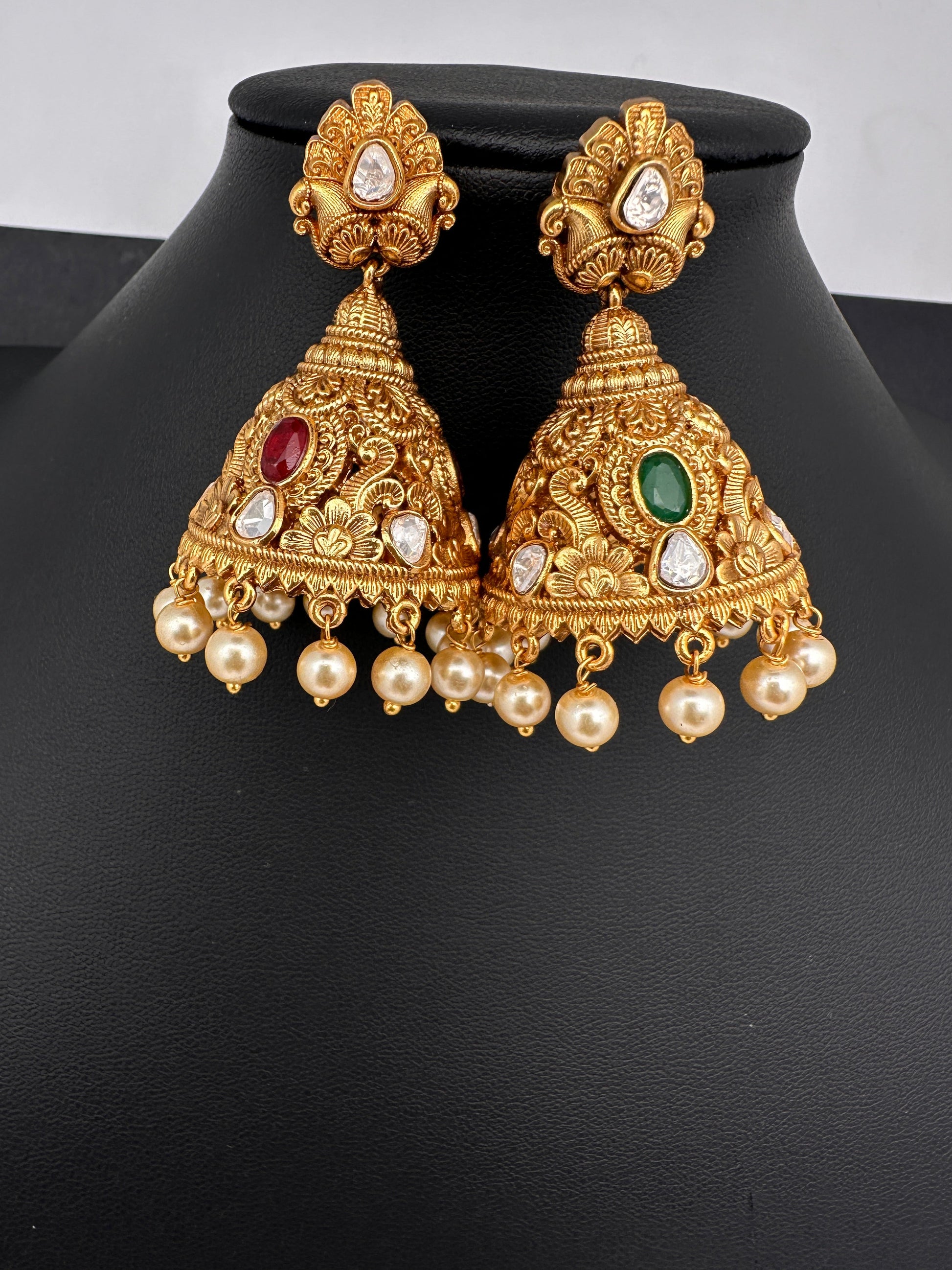 Matte Nakshi Moissanite Jhumka Earrings - Red