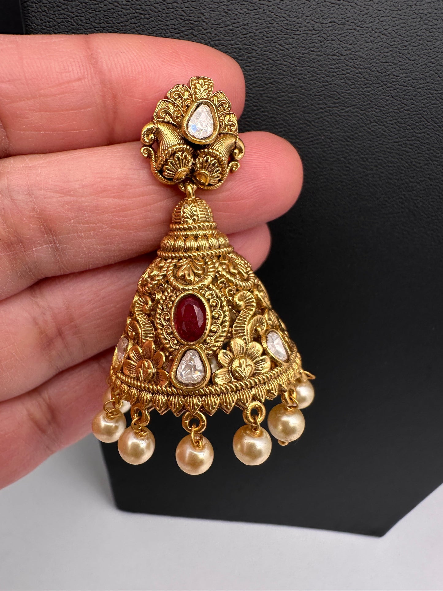 Matte Nakshi Moissanite Jhumka Earrings - Red