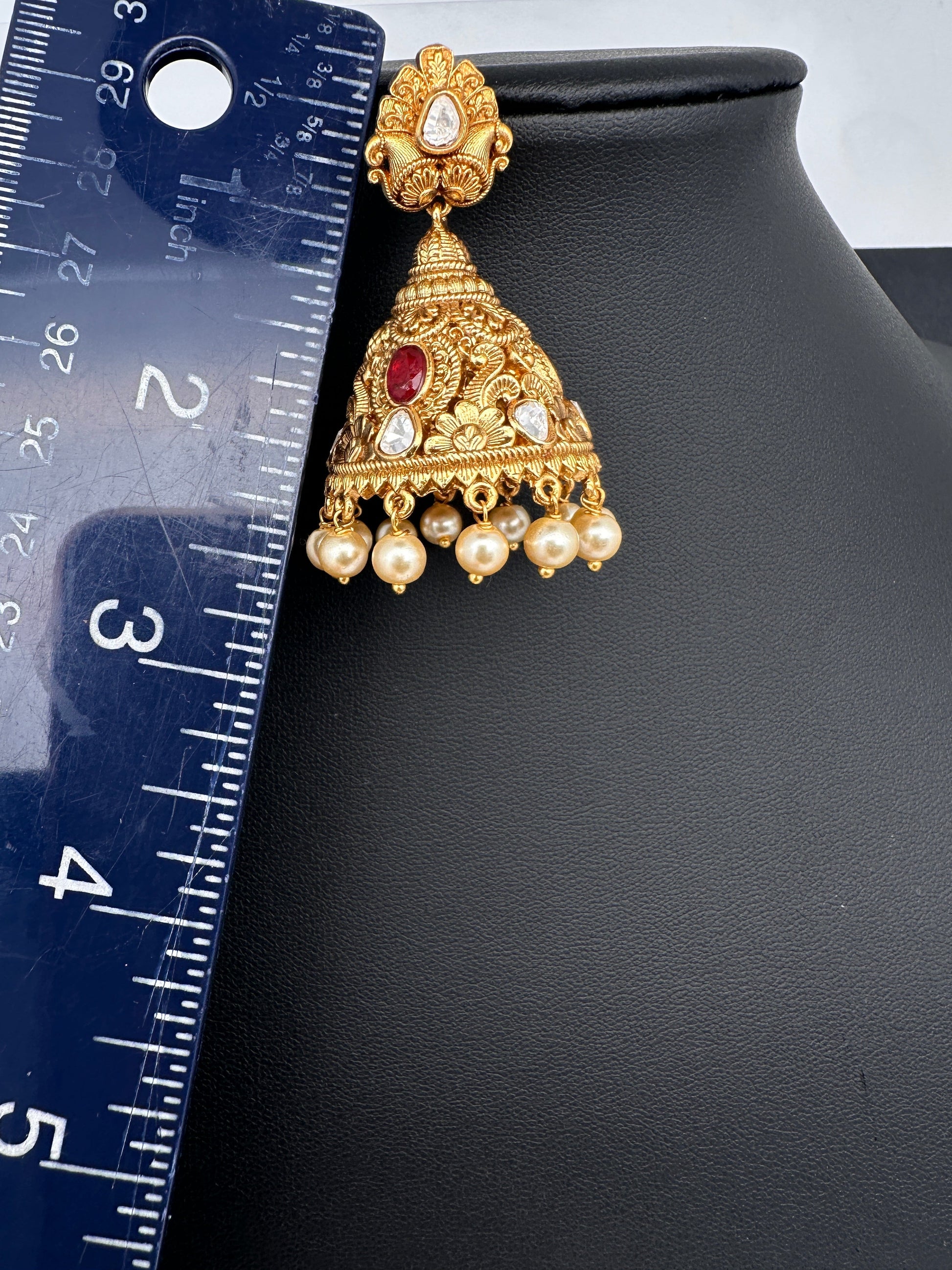 Matte Nakshi Moissanite Jhumka Earrings - Red