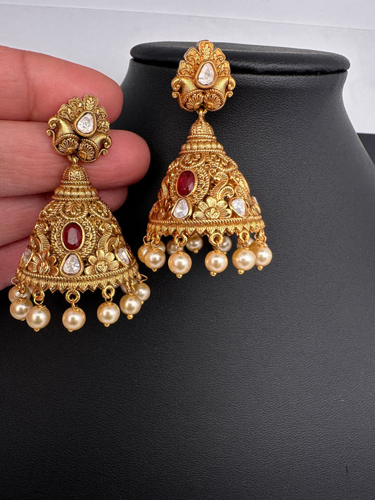 Matte Nakshi Moissanite Jhumka Earrings - Red