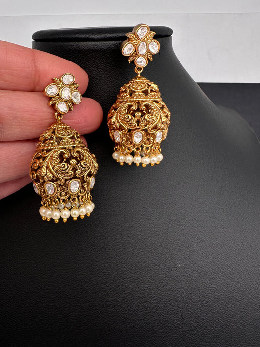 Matte Nakshi Moissanite Jhumka Earrings