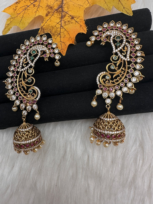 Matte CZ Peacock Jhumka Ear Cuffs