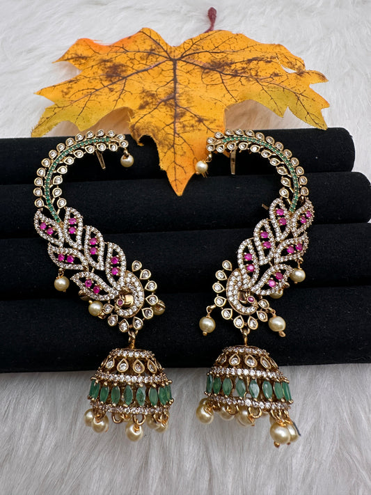 Matte CZ  Jhumka Ear Cuffs - Red