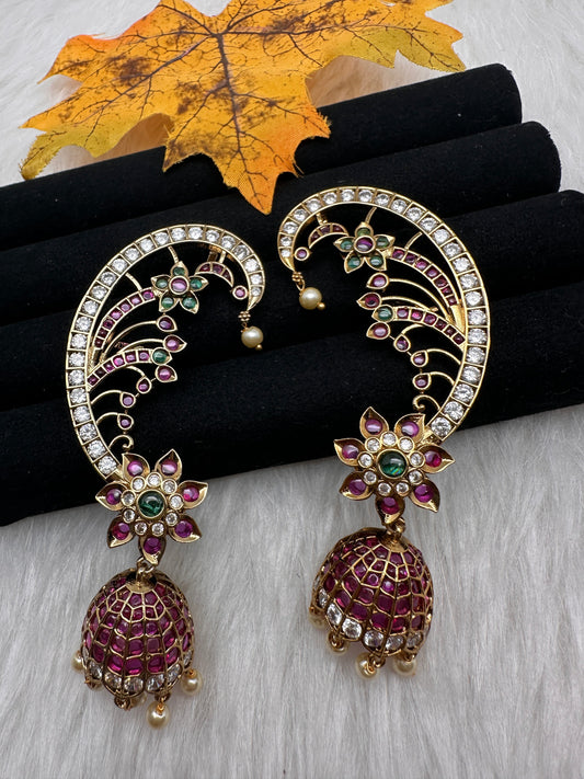 Matte Kempu Floral Jhumka Ear Cuffs