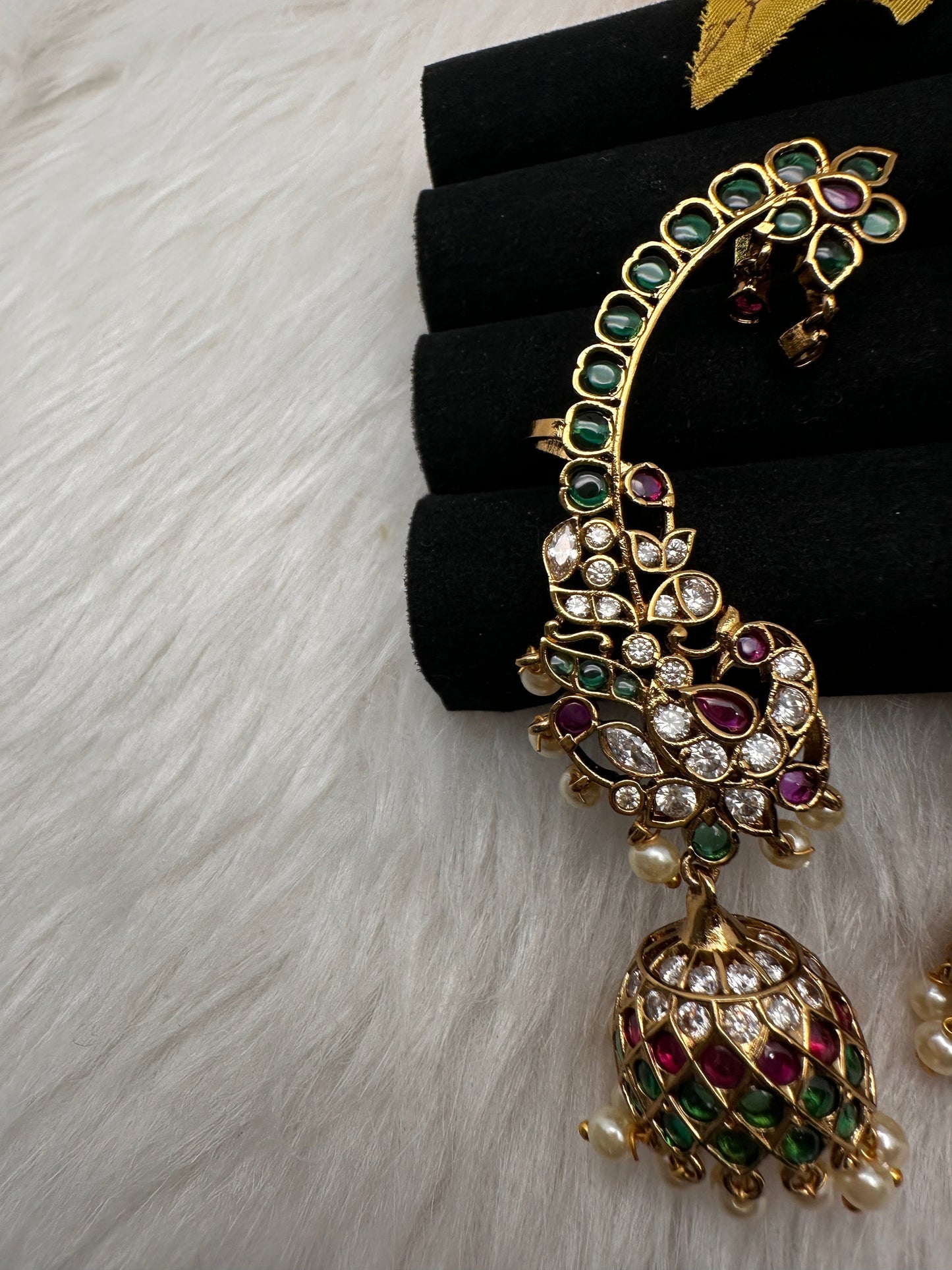 Matte CZ  Peacock Kemp Jhumka Ear Cuffs - Green