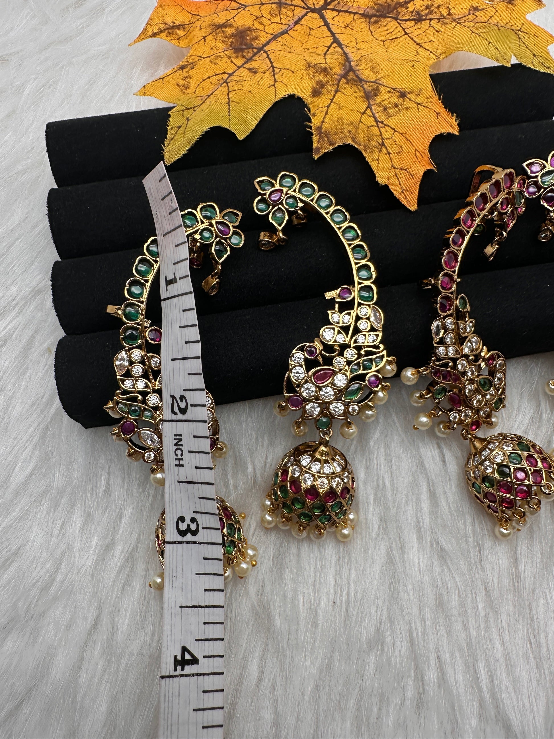 Matte CZ  Peacock Kemp Jhumka Ear Cuffs - Green