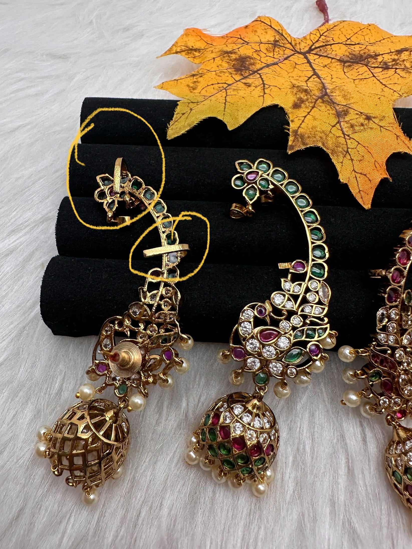 Matte CZ  Peacock Kemp Jhumka Ear Cuffs - Green