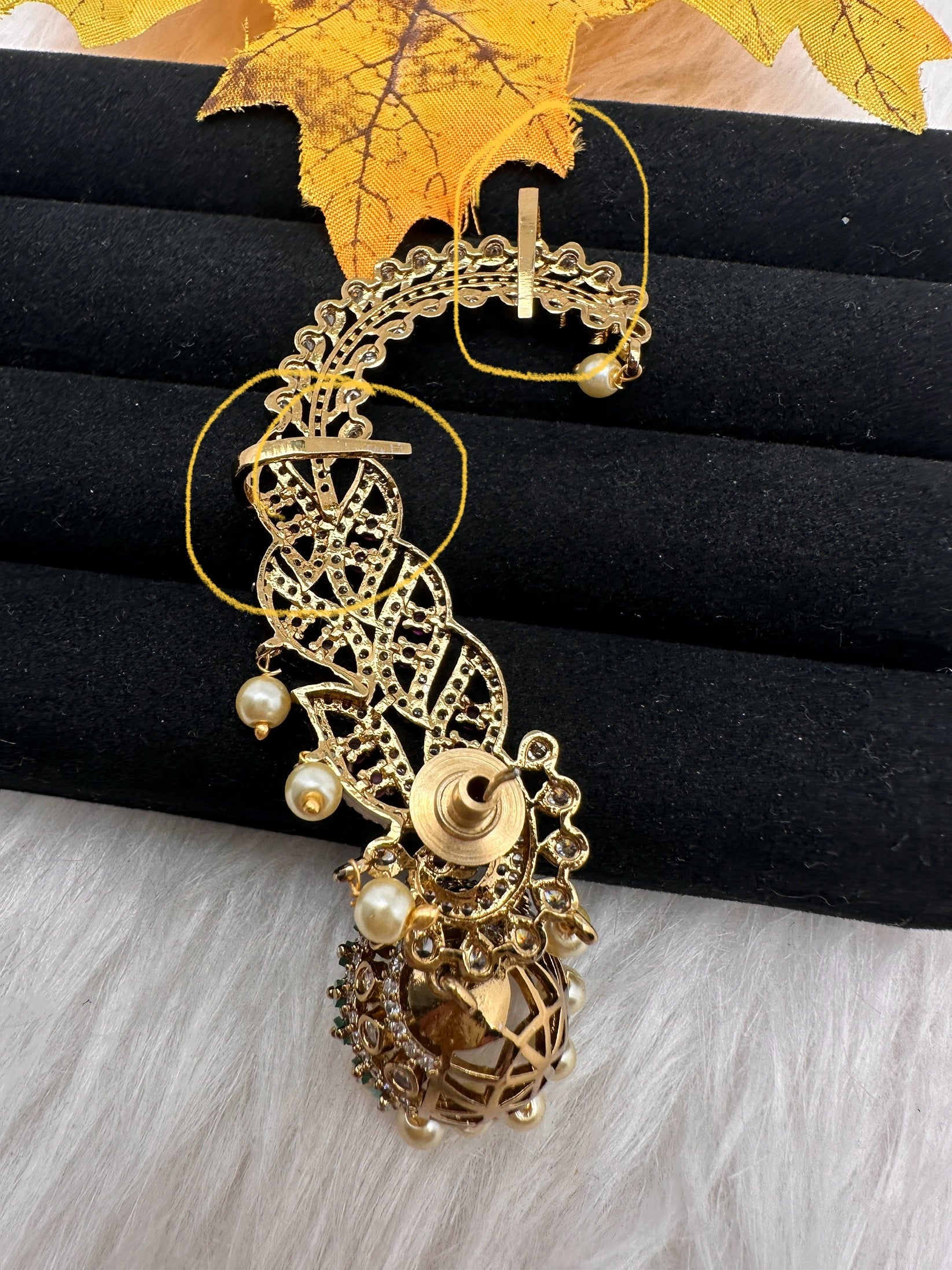 Matte CZ  Peacock Kemp Jhumka Ear Cuffs - Green