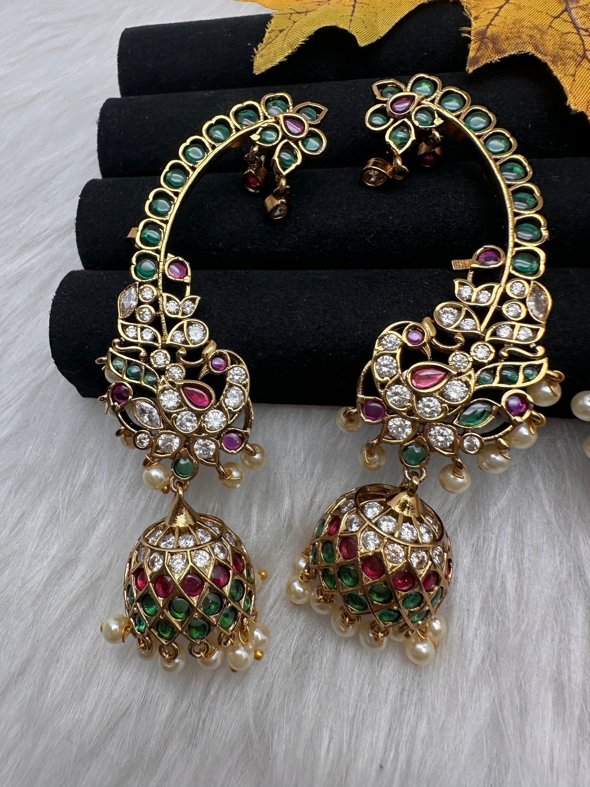 Matte CZ  Peacock Kemp Jhumka Ear Cuffs - Green