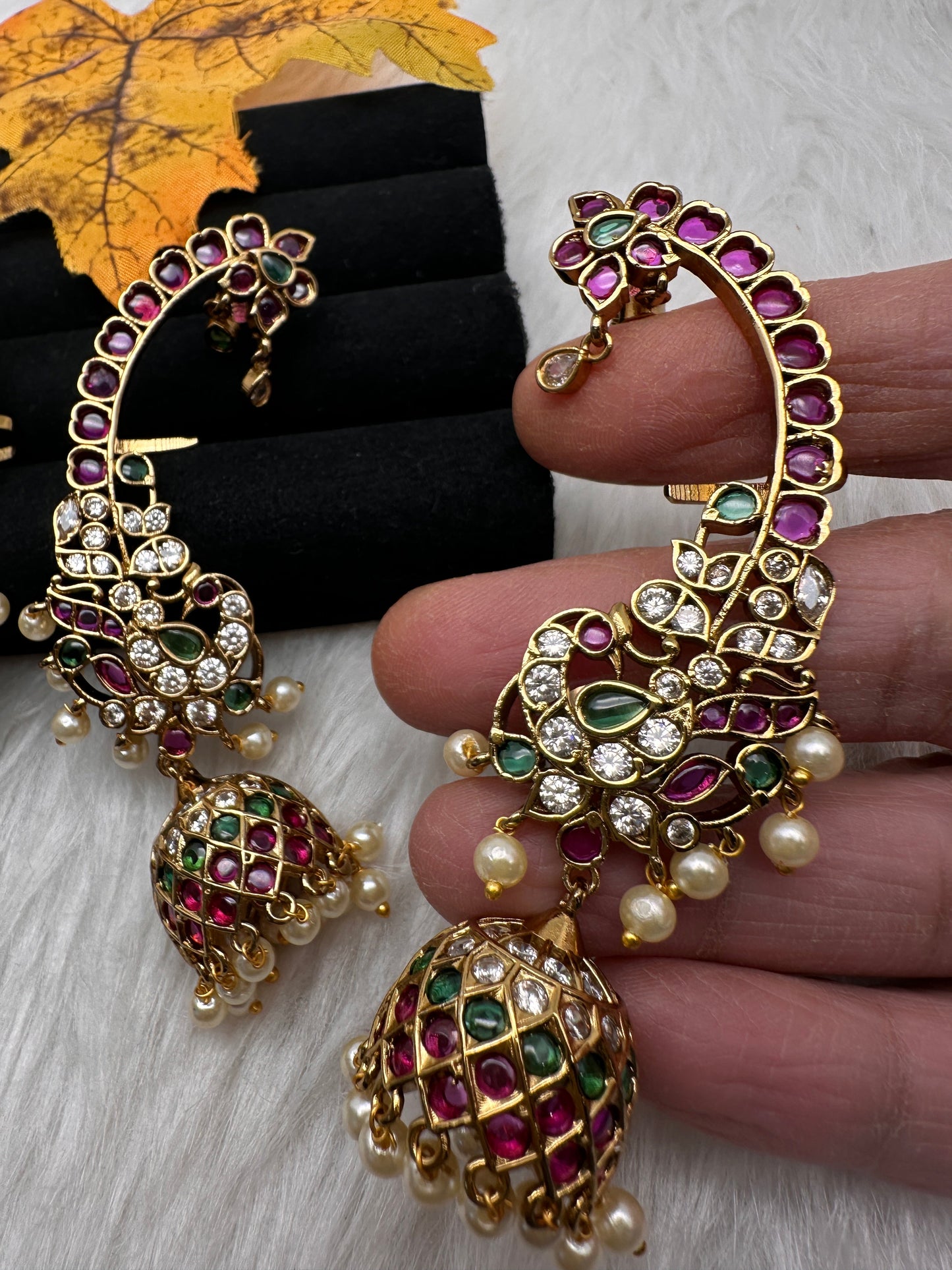 Matte CZ  Peacock Kemp Jhumka Ear Cuffs - Red