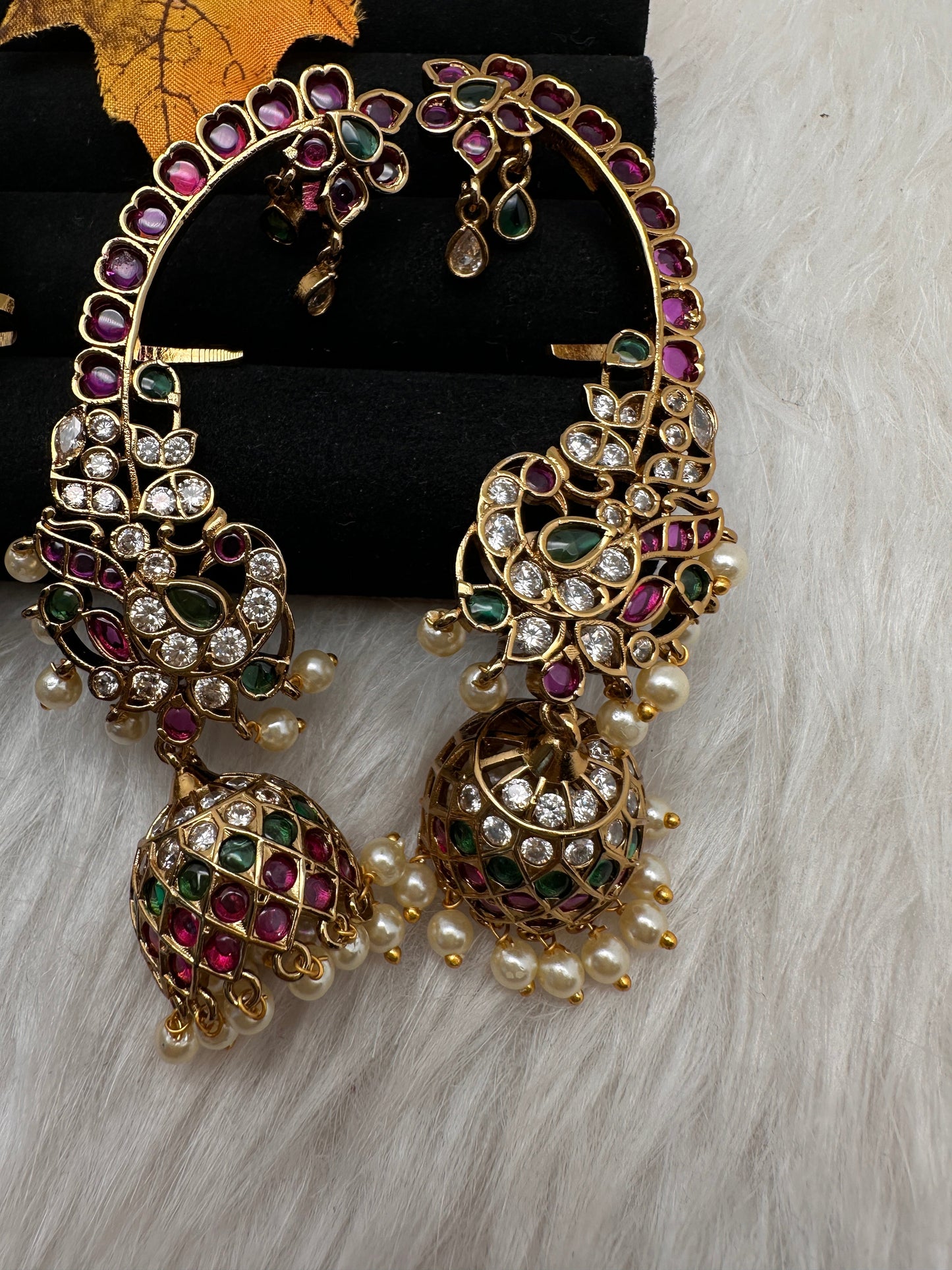 Matte CZ  Peacock Kemp Jhumka Ear Cuffs - Red