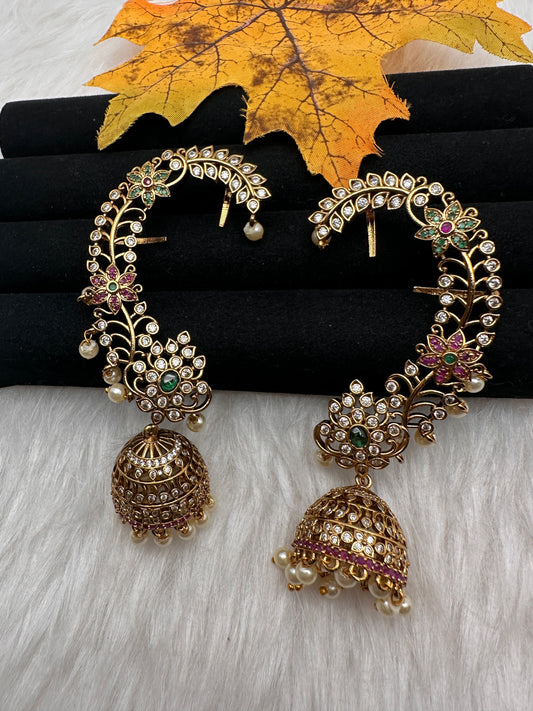 Matte Kempu Floral Jhumka Ear Cuffs