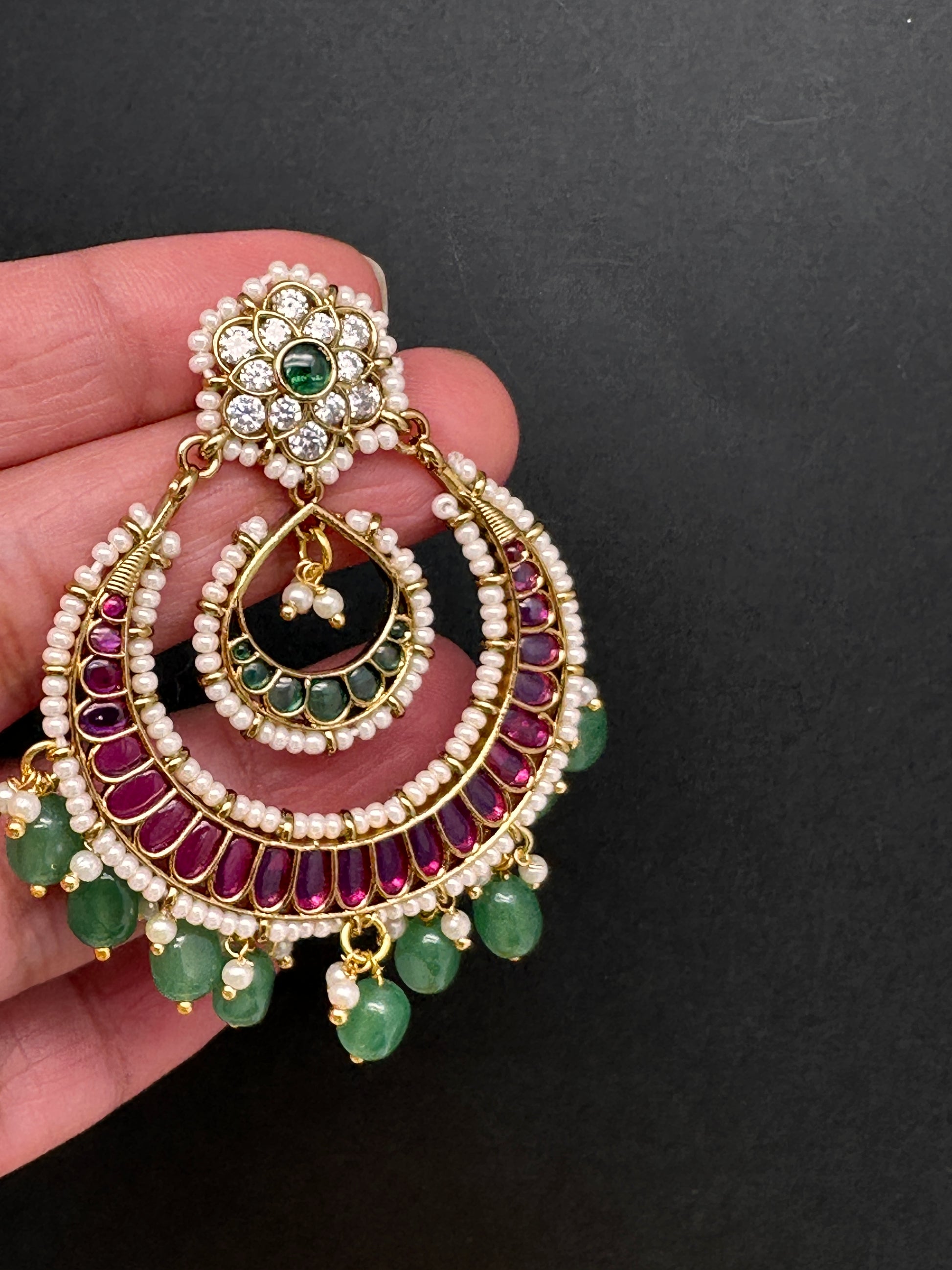 Matte Kemp Chandballi Earrings - Green