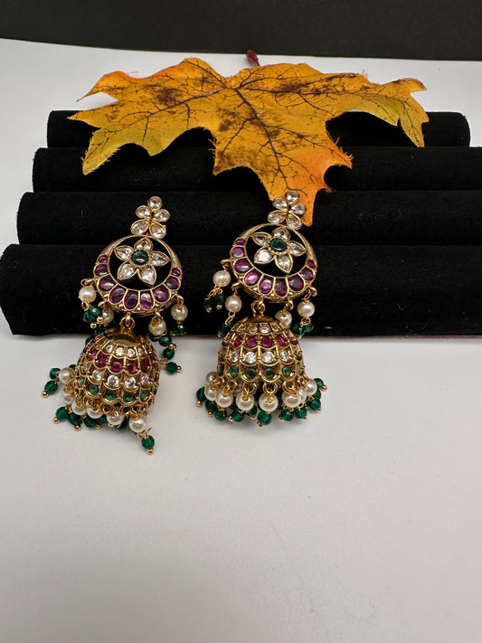 Matte Kempu Floral Jhumka Earrings - 