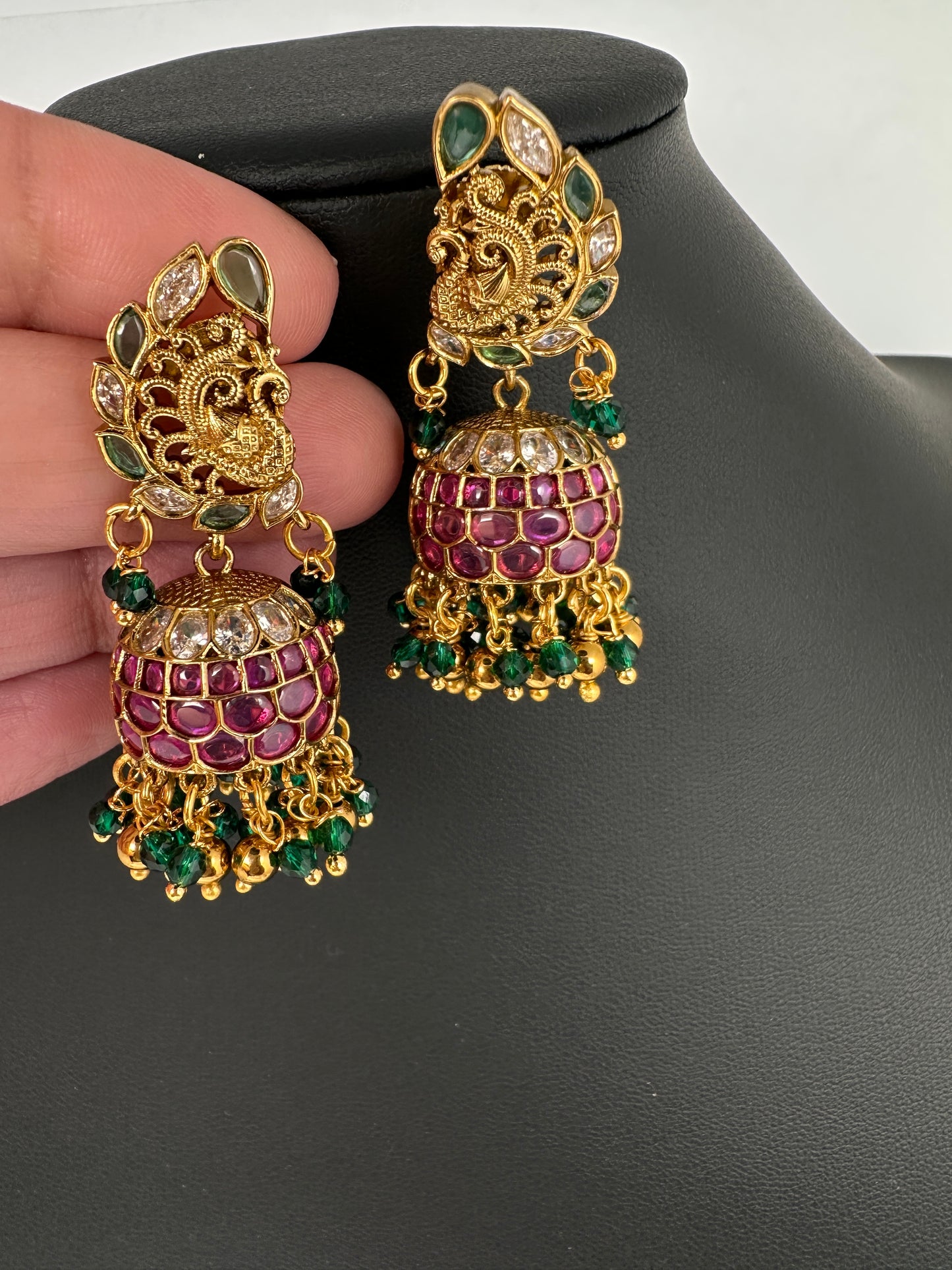 Matte Kempu Peaccock Jhumka Earrings - 
