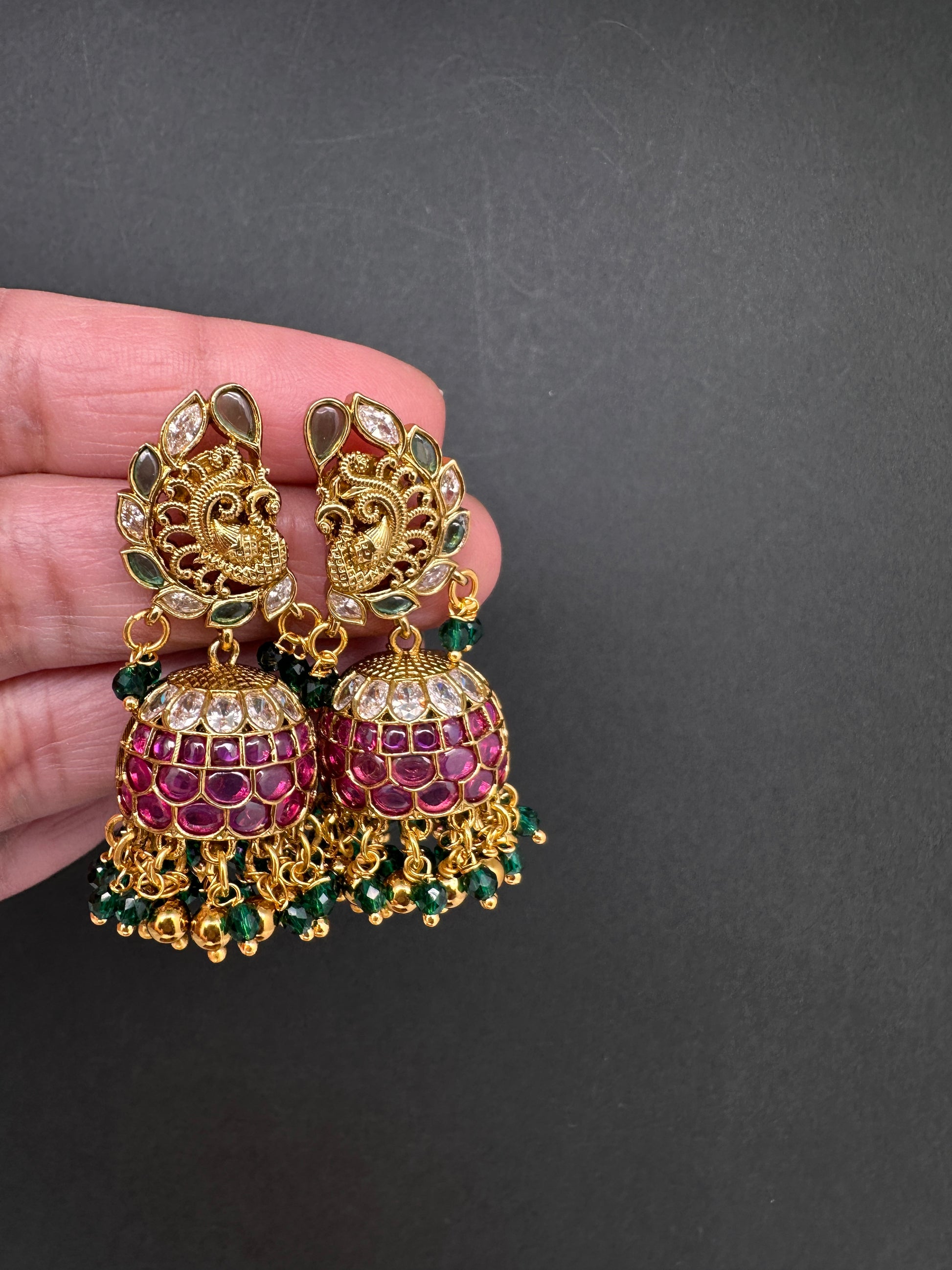 Matte Kempu Peaccock Jhumka Earrings - 