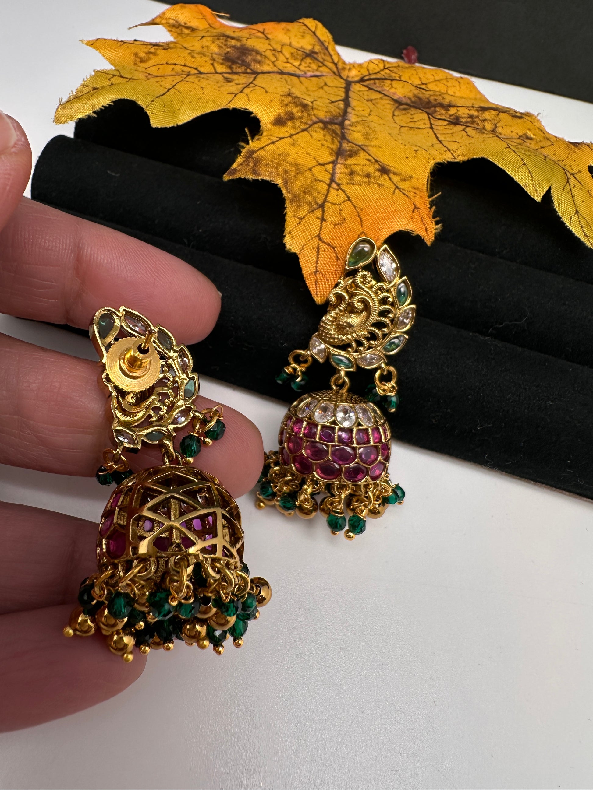 Matte Kempu Peaccock Jhumka Earrings - 