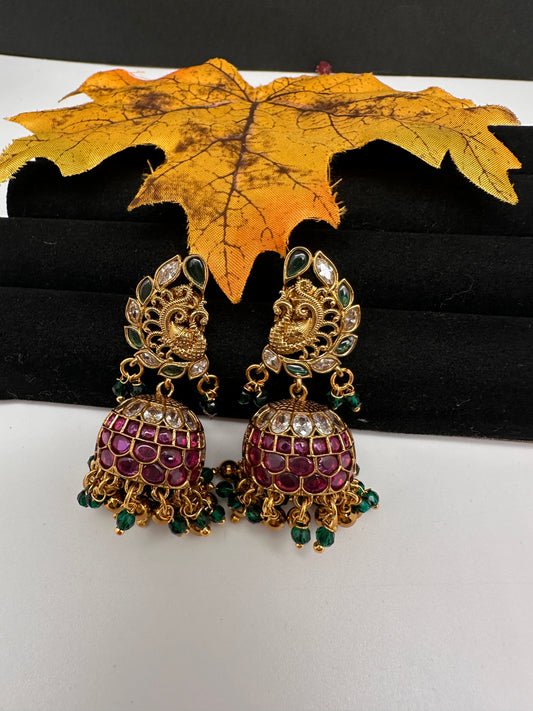 Matte Kempu Peaccock Jhumka Earrings - 