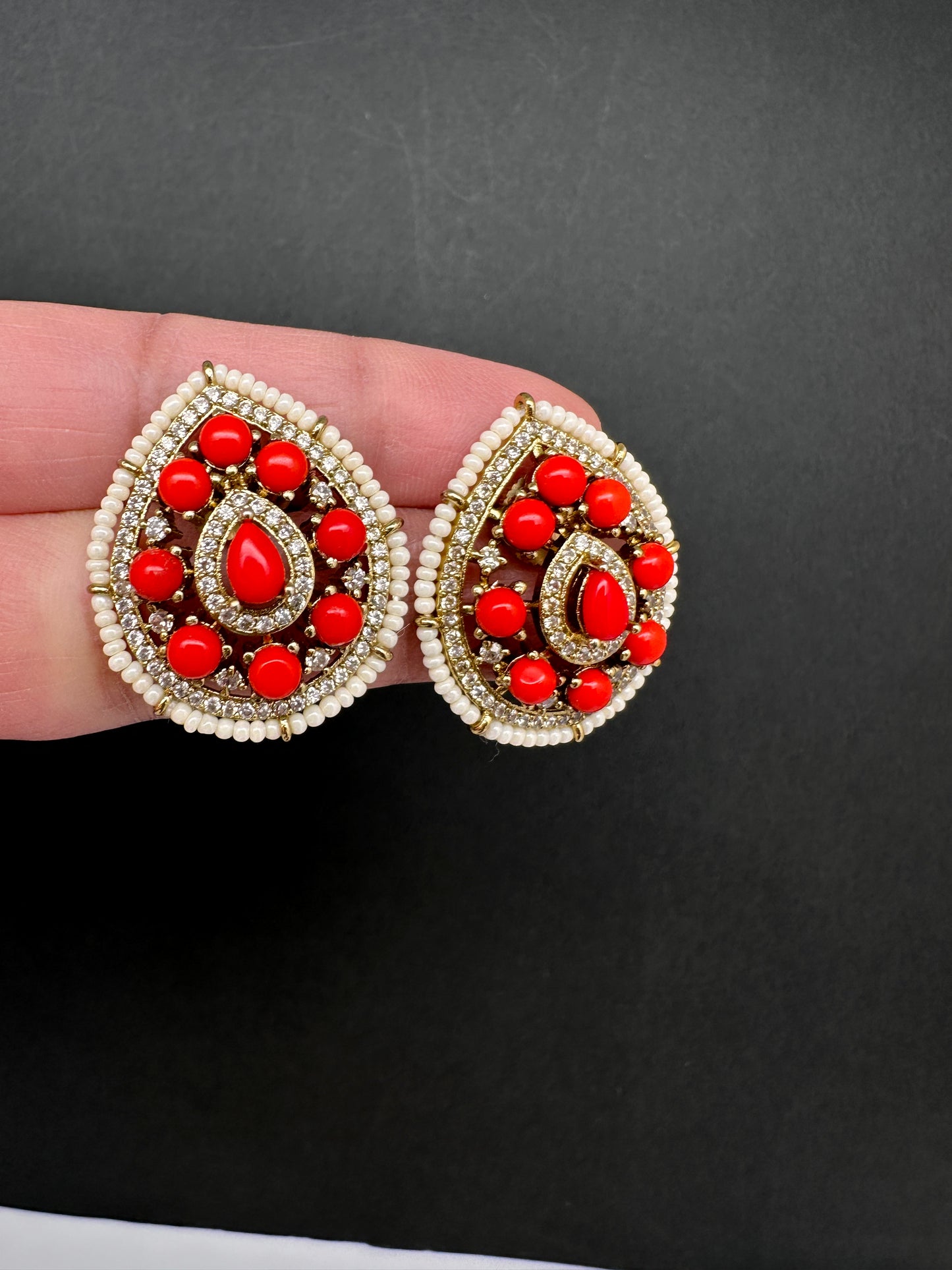 Victorian Navratan Coral Stud Earrings - Coral