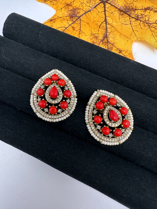 Victorian Navratan Coral Stud Earrings - Coral