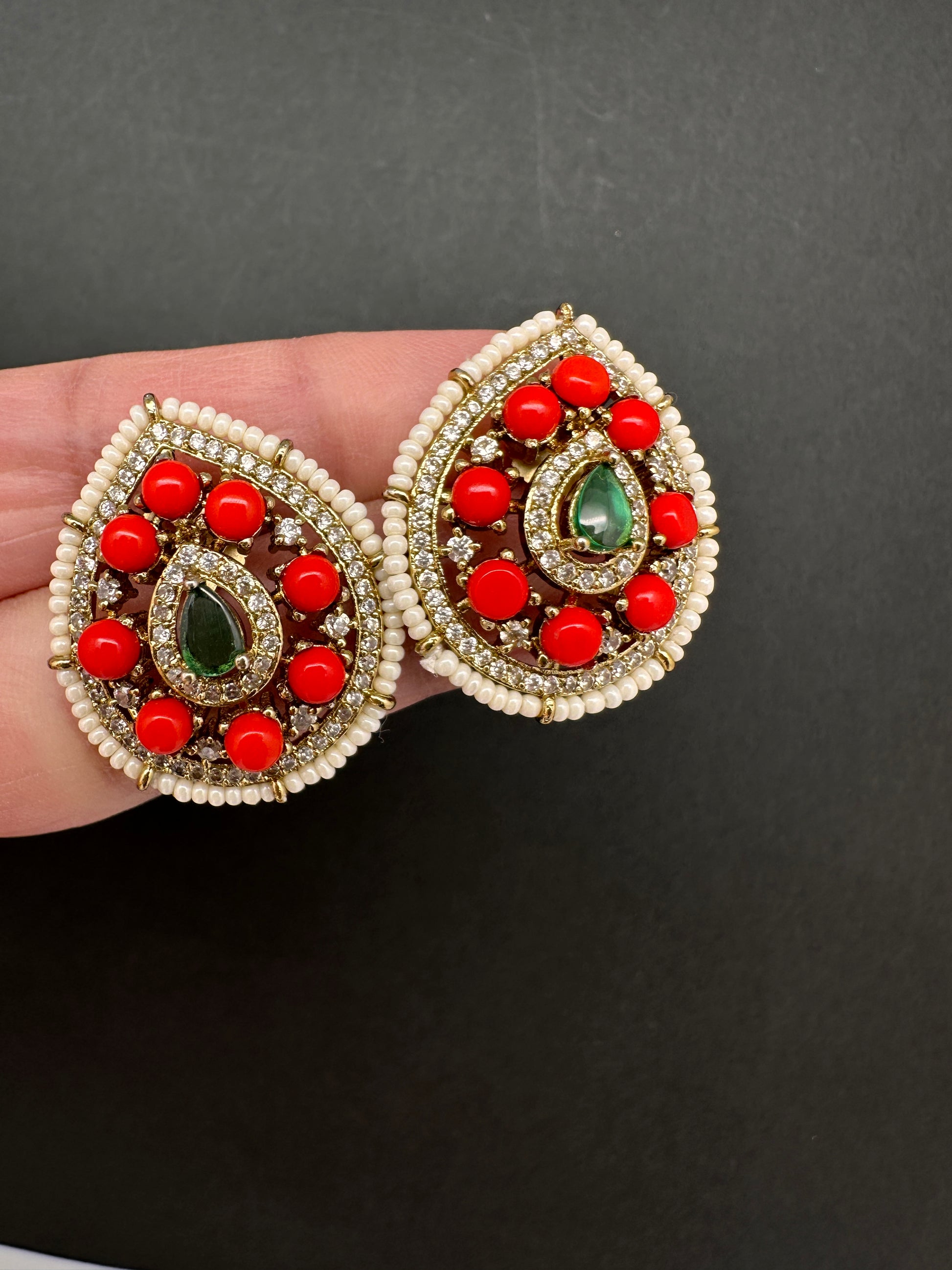Victorian Navratan Coral Stud Earrings - CoralGreen