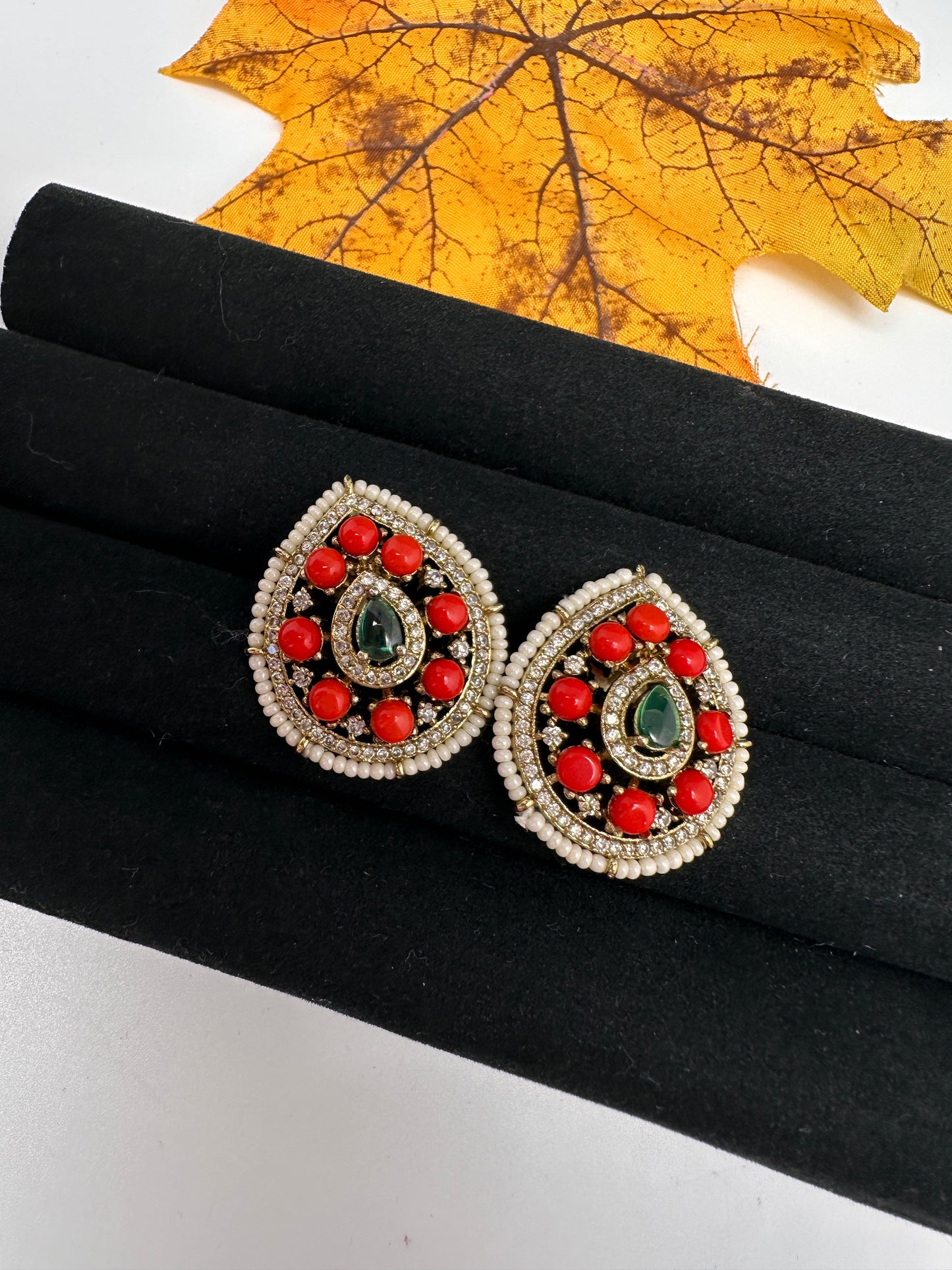 Victorian Navratan Coral Stud Earrings - CoralGreen