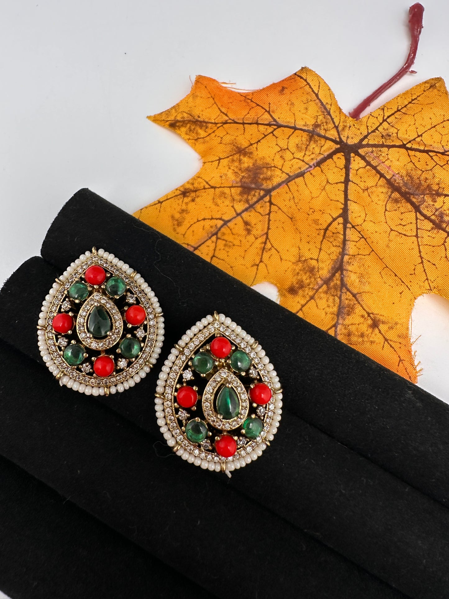 Victorian Navratan Coral Stud Earrings - Multi