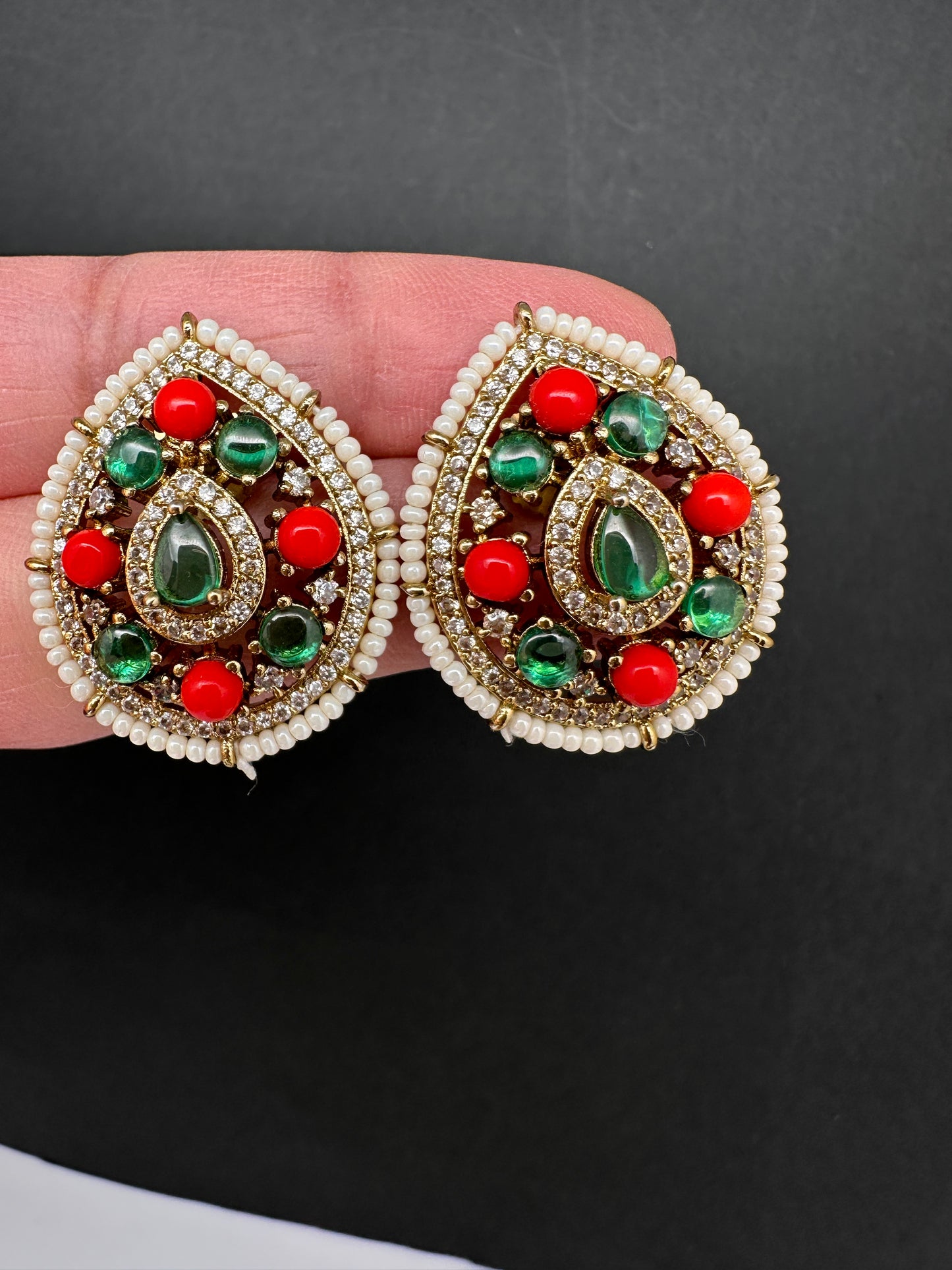 Victorian Navratan Coral Stud Earrings - Multi