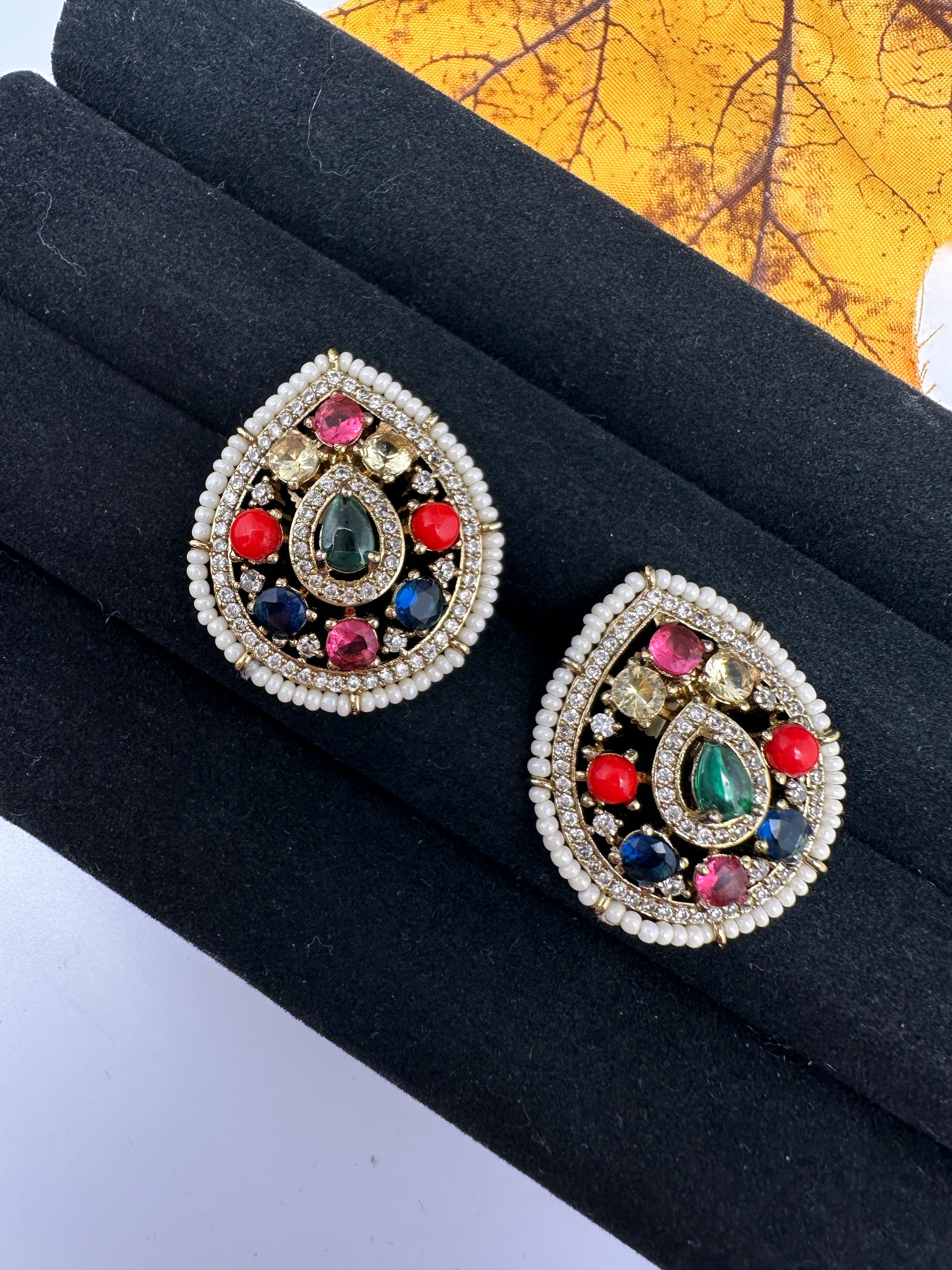 Victorian Navratan Coral Stud Earrings - Navratan