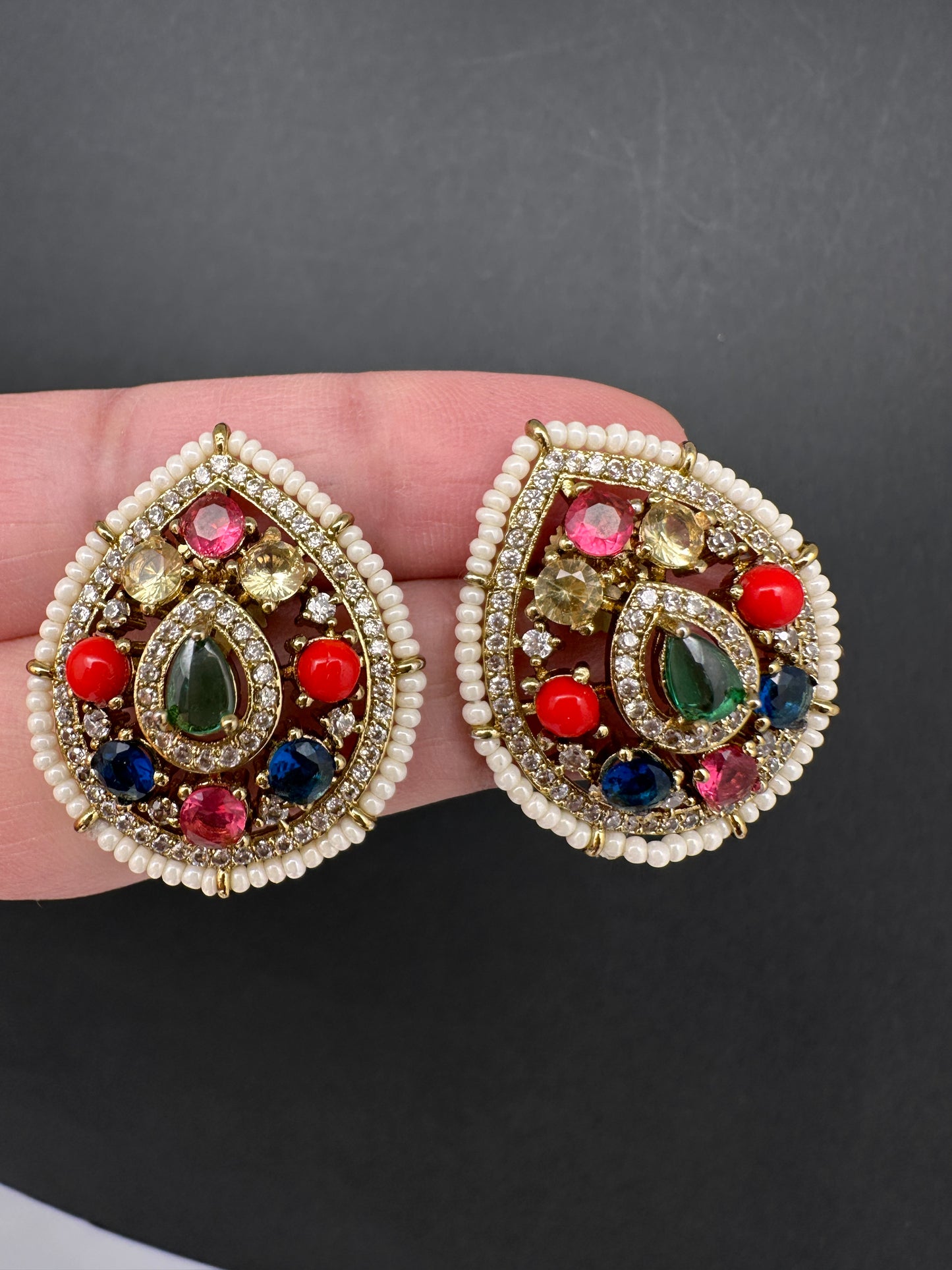 Victorian Navratan Coral Stud Earrings - Navratan