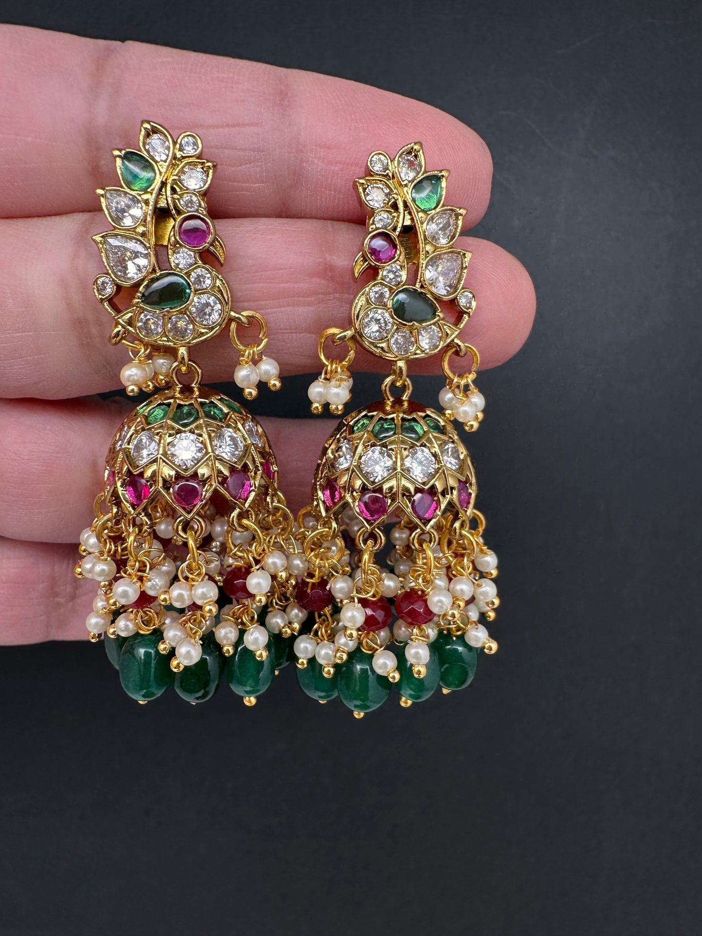 Matte Kempu Peaccock Jhumka Earrings - Multi
