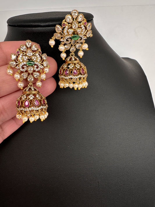 Matte CZ Green Jhumka Earrings - 