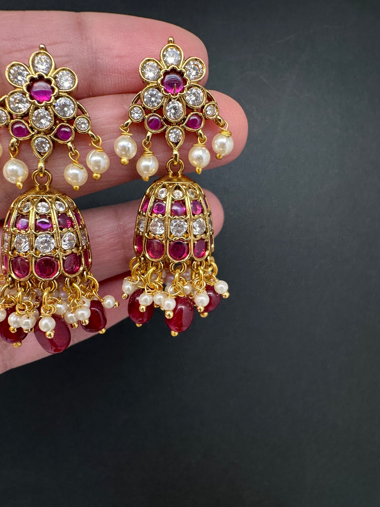 Matte CZ Red Jhumka Earrings - 