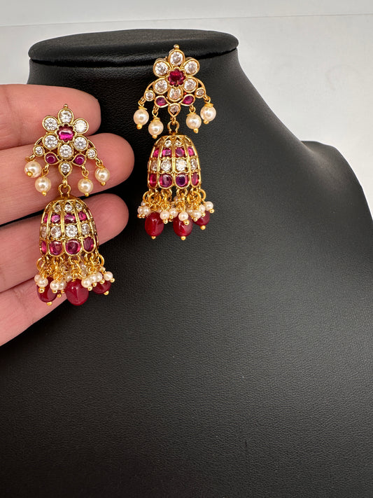 Matte CZ Red Jhumka Earrings - 
