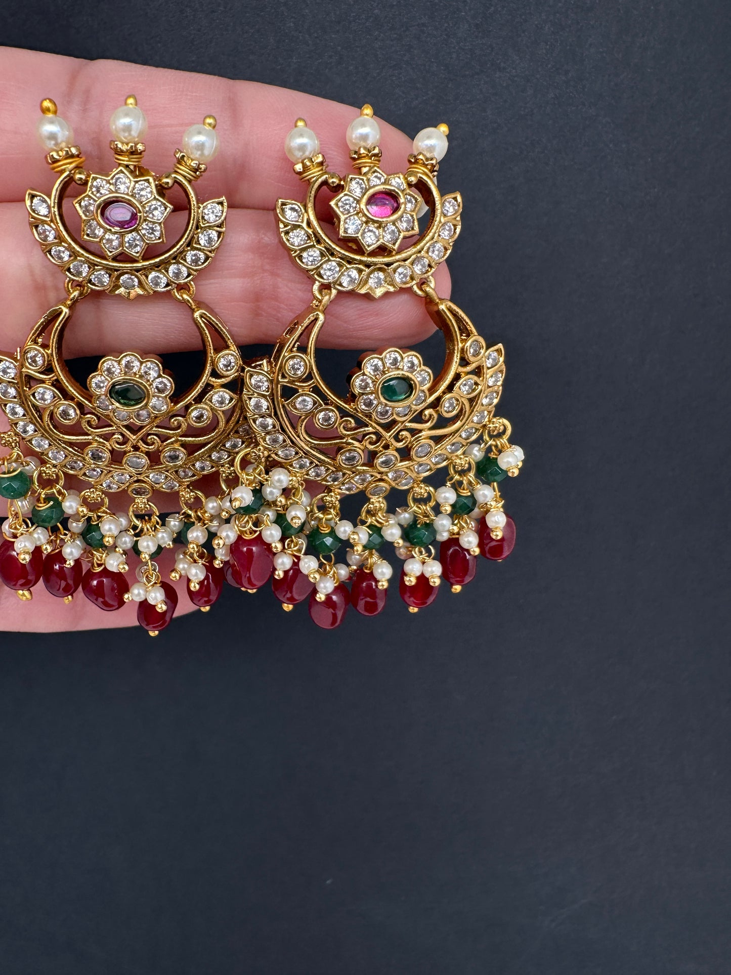Matte CZ Red Traditional Chandballi Earrings - 