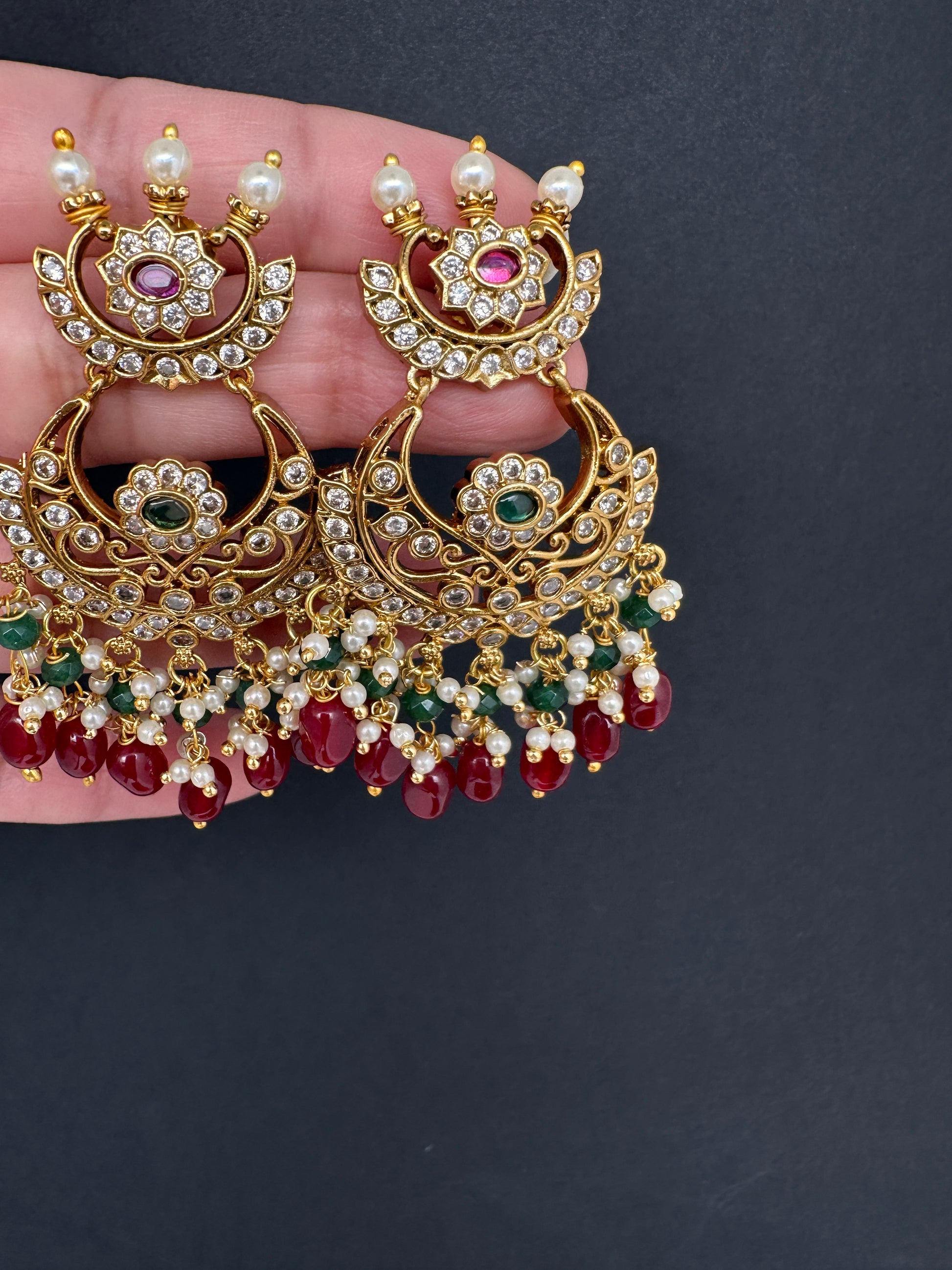 Matte CZ Red Traditional Chandballi Earrings - 