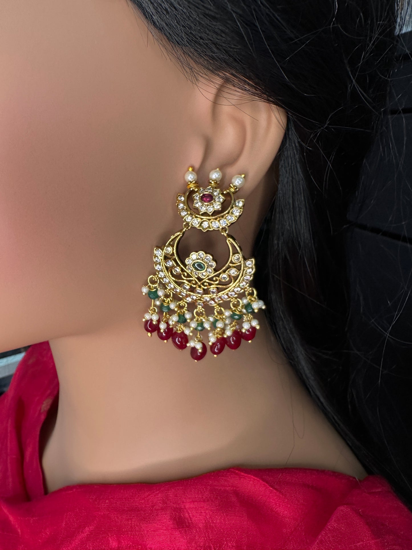 Matte CZ Red Traditional Chandballi Earrings - 