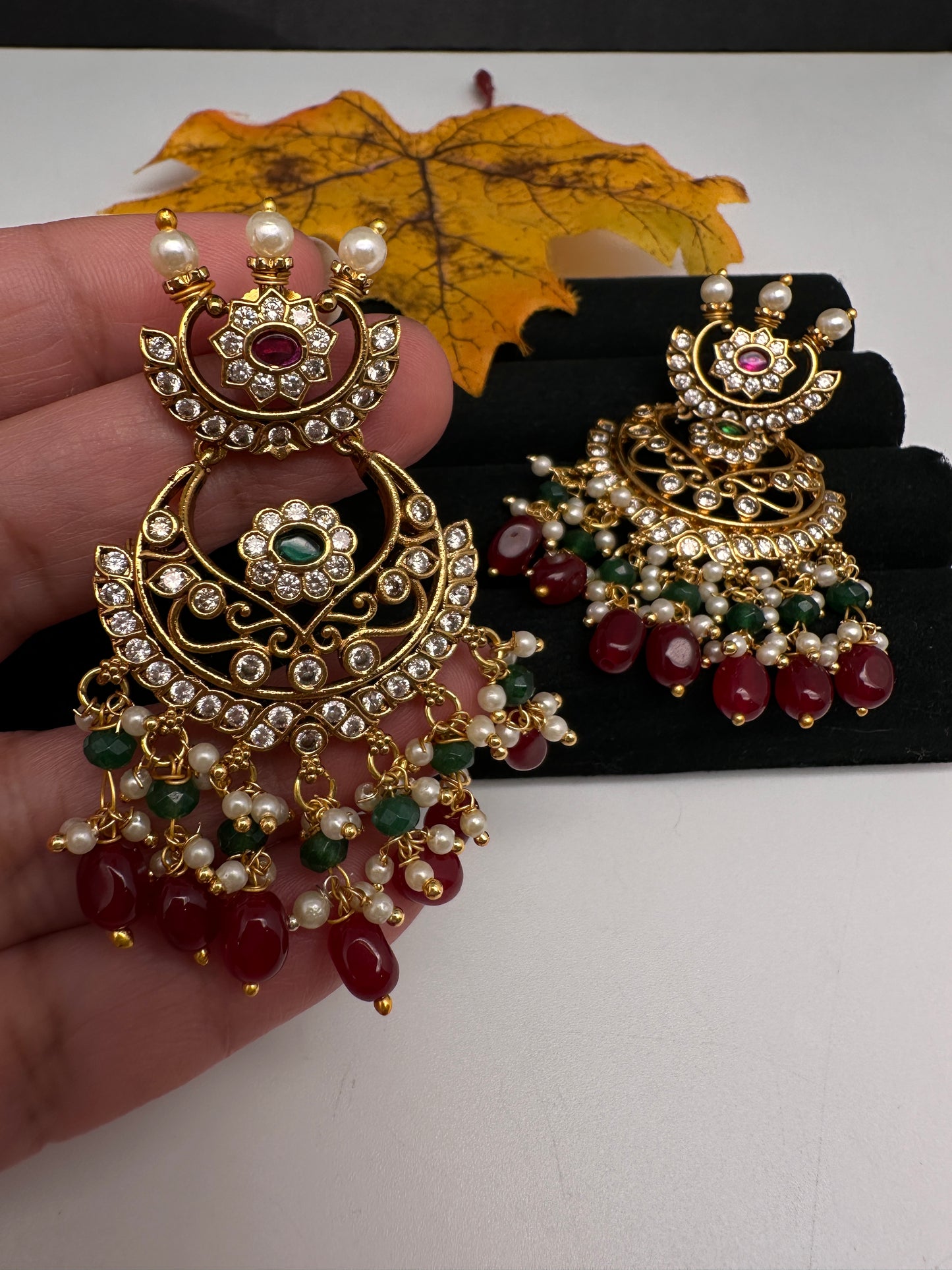 Matte CZ Red Traditional Chandballi Earrings - 